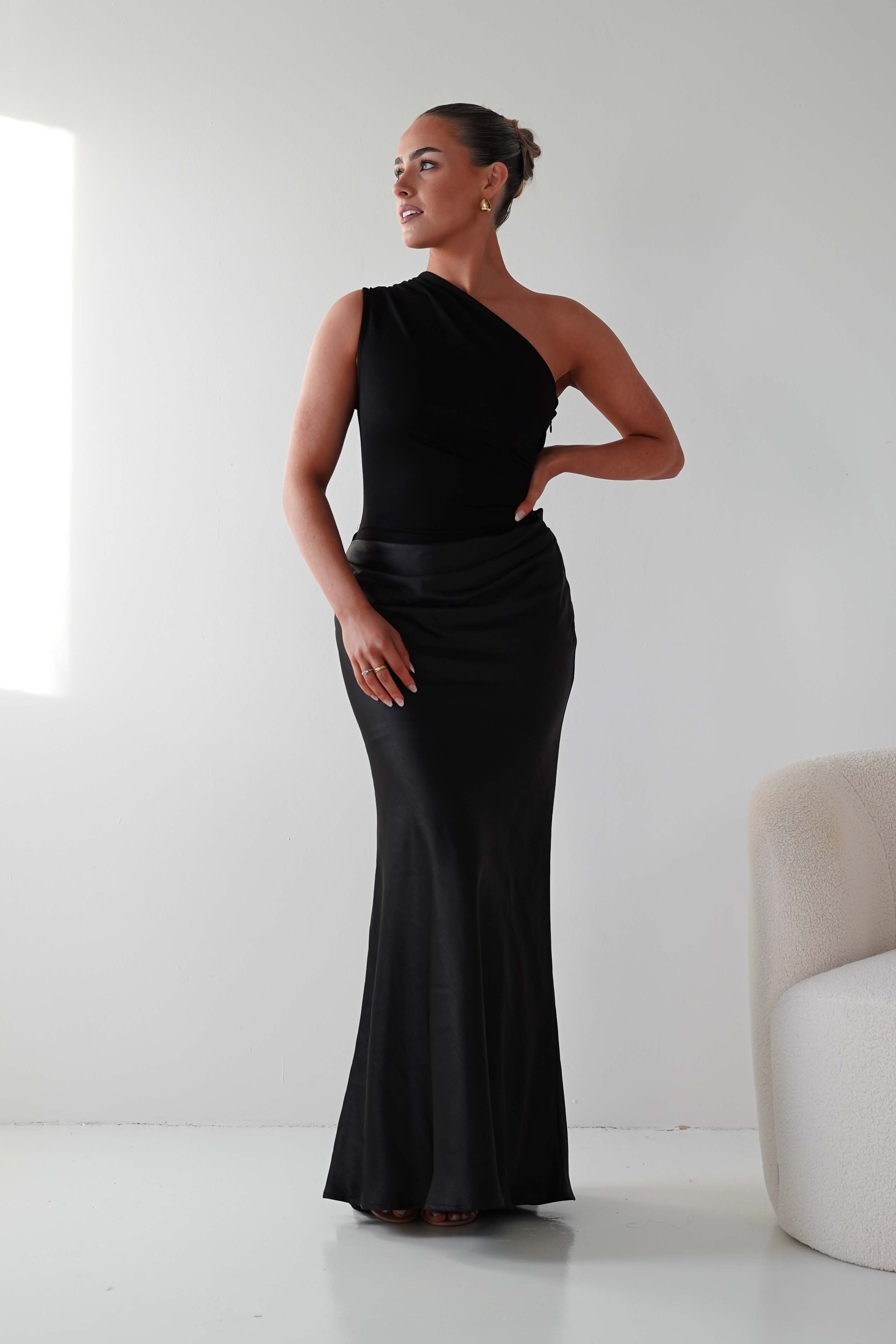 Oh Hello Clothing Wedding Guest Dresses Kashia Draped Satin Maxi Dress | Black