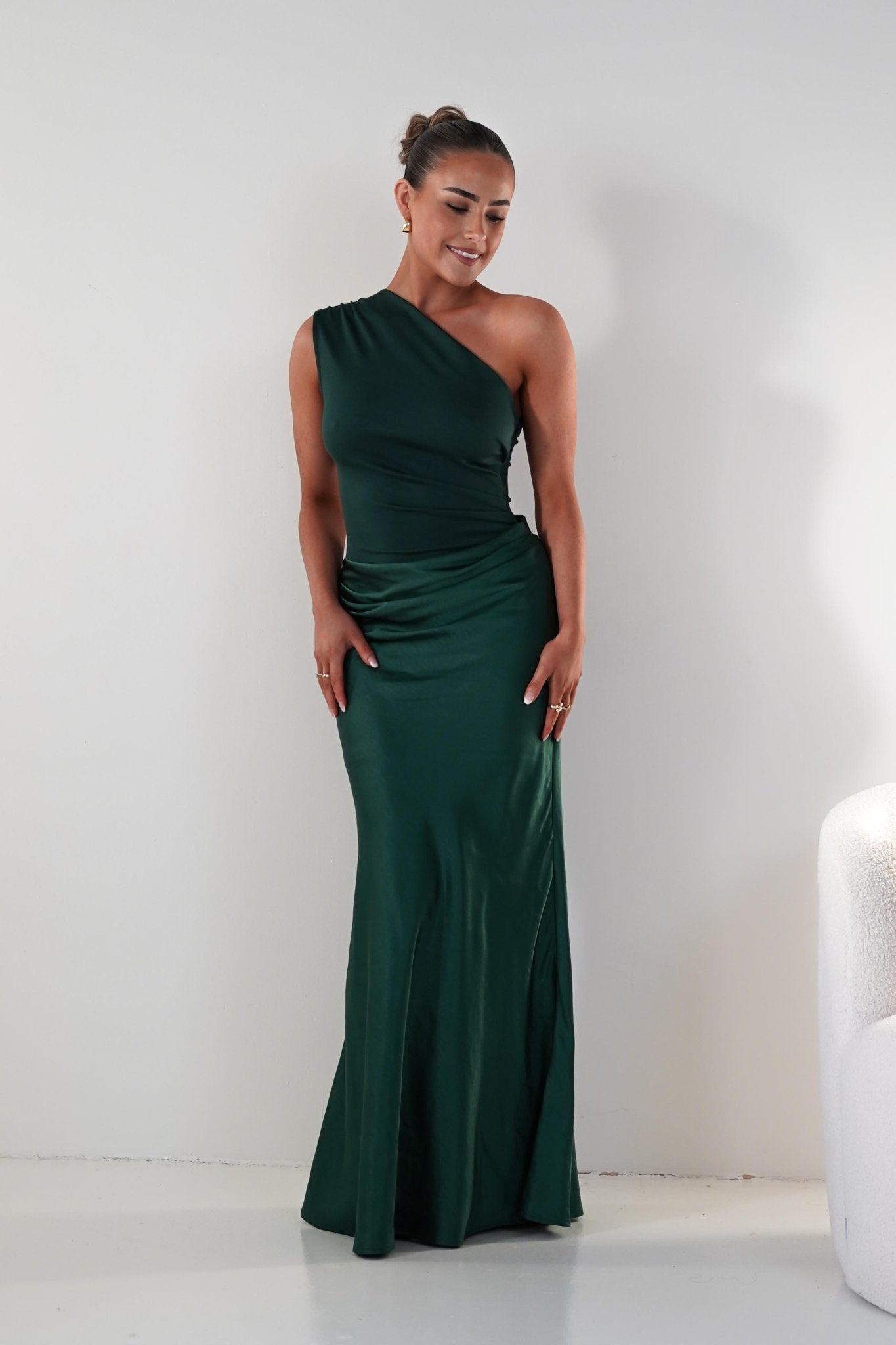 Oh Hello Clothing Wedding Guest Dresses Kashia Draped Satin Maxi Dress | Emerald Green