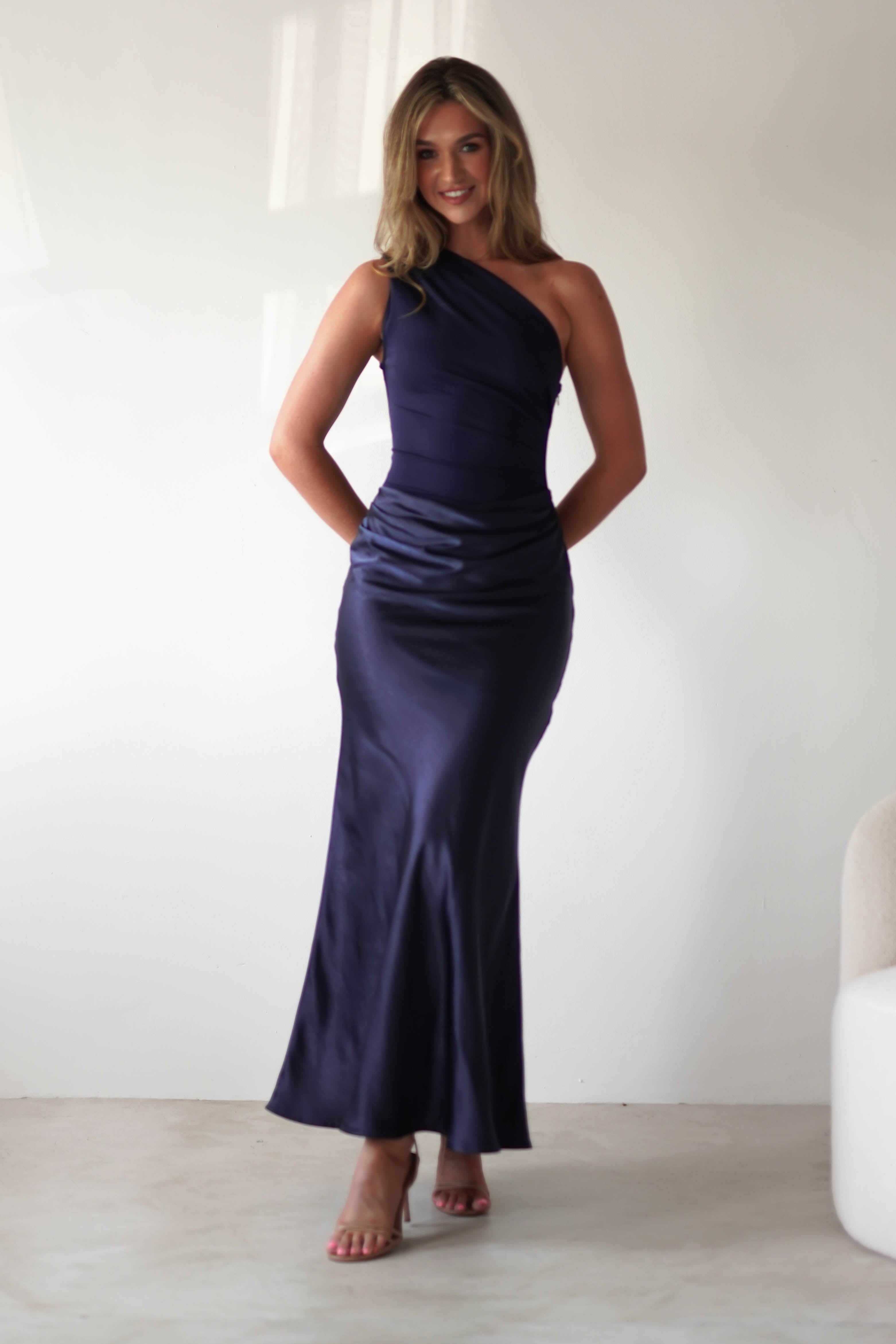 Kashia Draped Satin Maxi Dress | Navy | Oh Hello Clothing | XS (6)