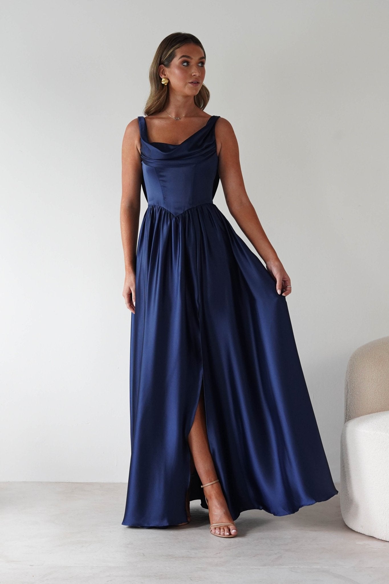 Katalia Cowl Nack Satin Gown | Royal Blue | Oh Hello Clothing | XS (6)