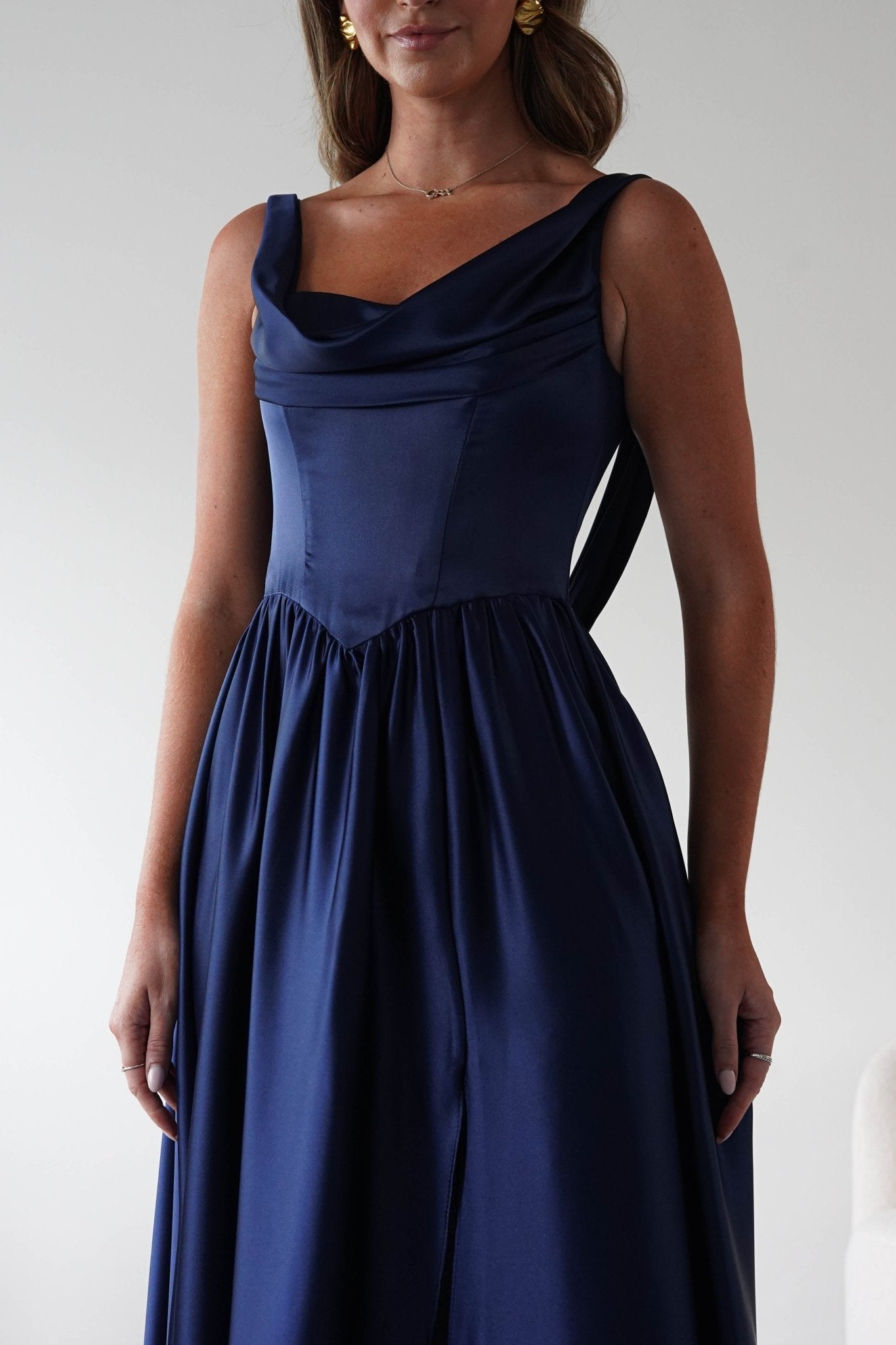 Katalia Cowl Nack Satin Gown | Royal Blue | Oh Hello Clothing | XS (6)