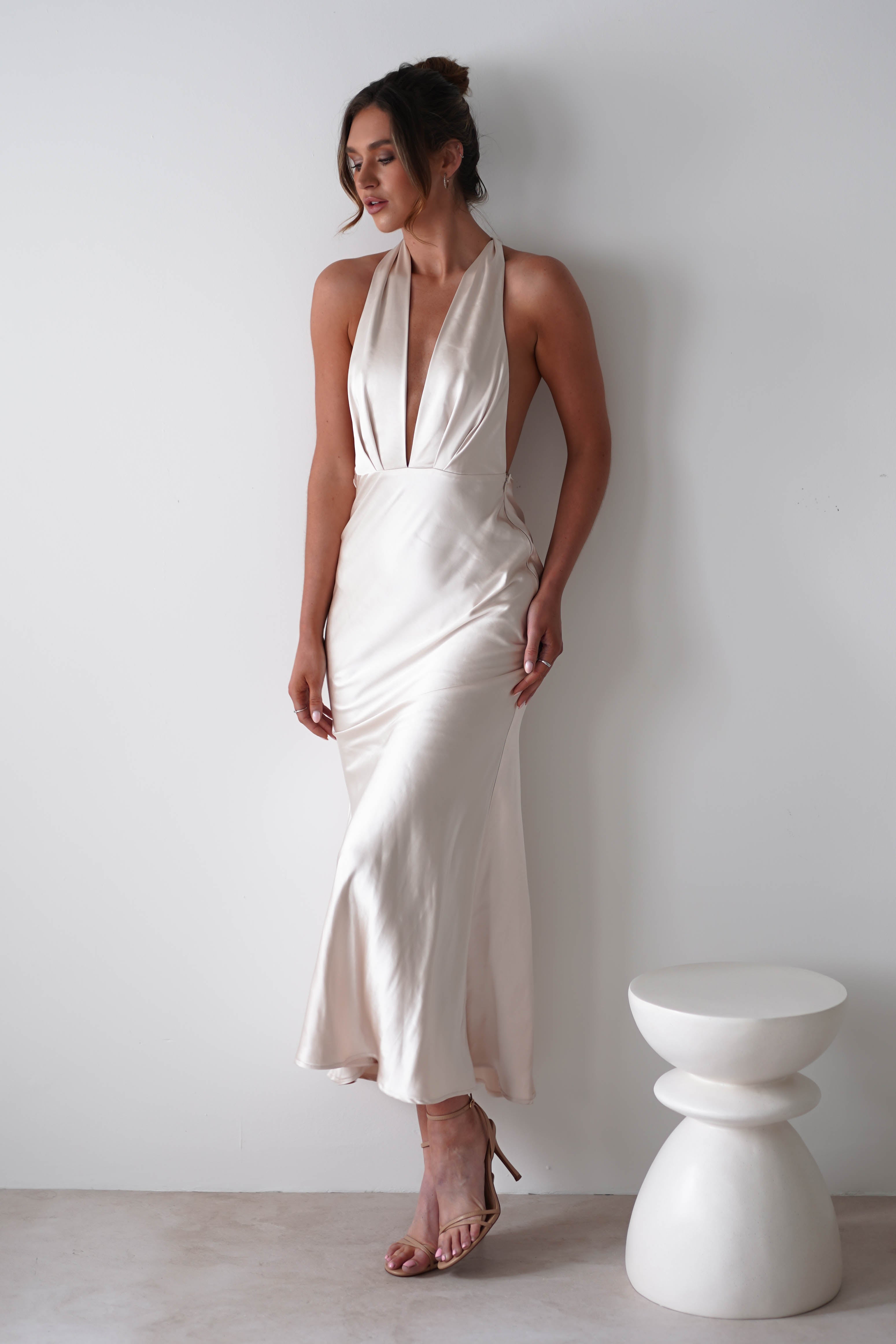 Kaylah Satin Halter Neck Maxi Dress | Champagne