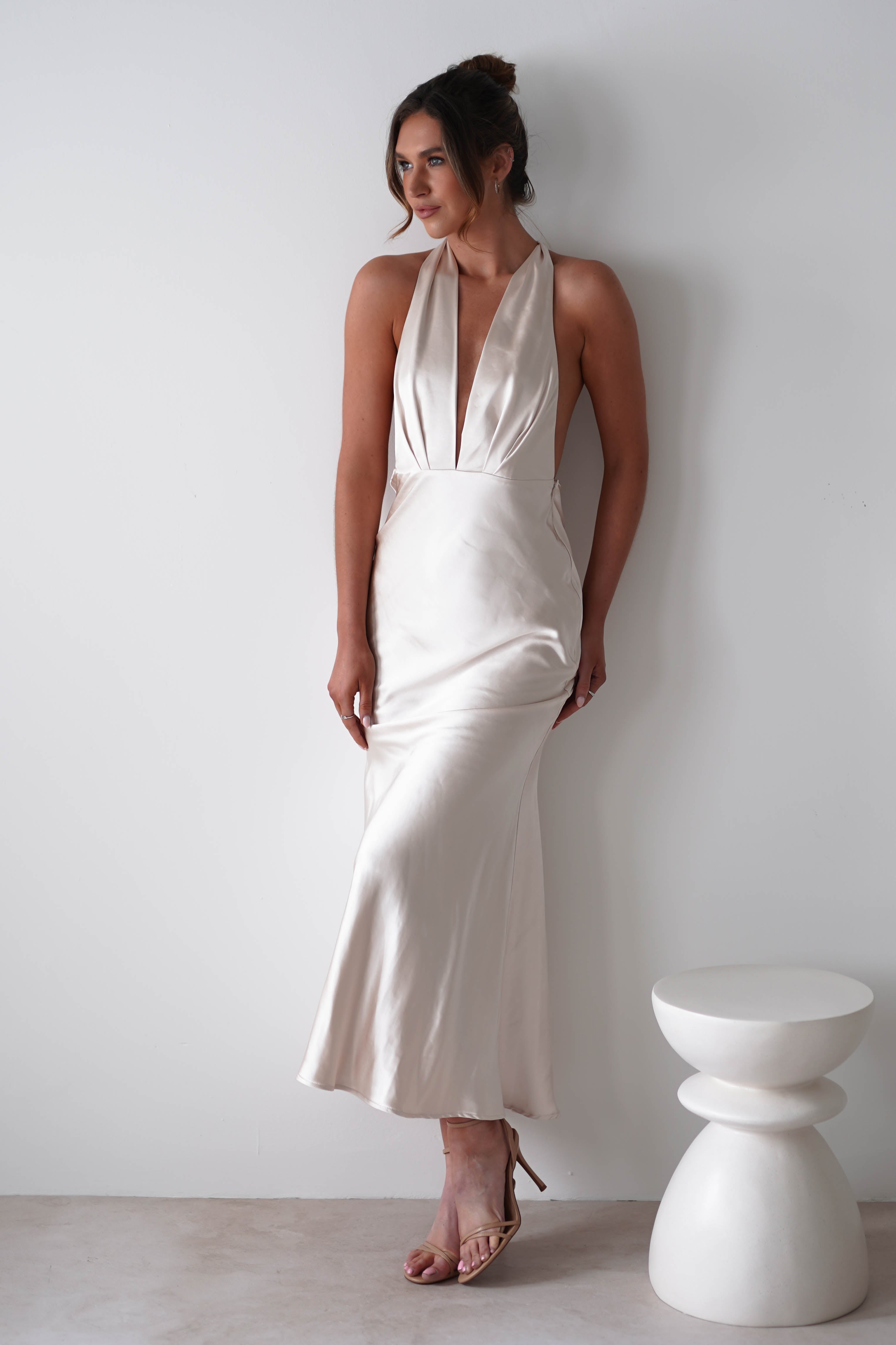 Kaylah Satin Halter Neck Maxi Dress | Champagne