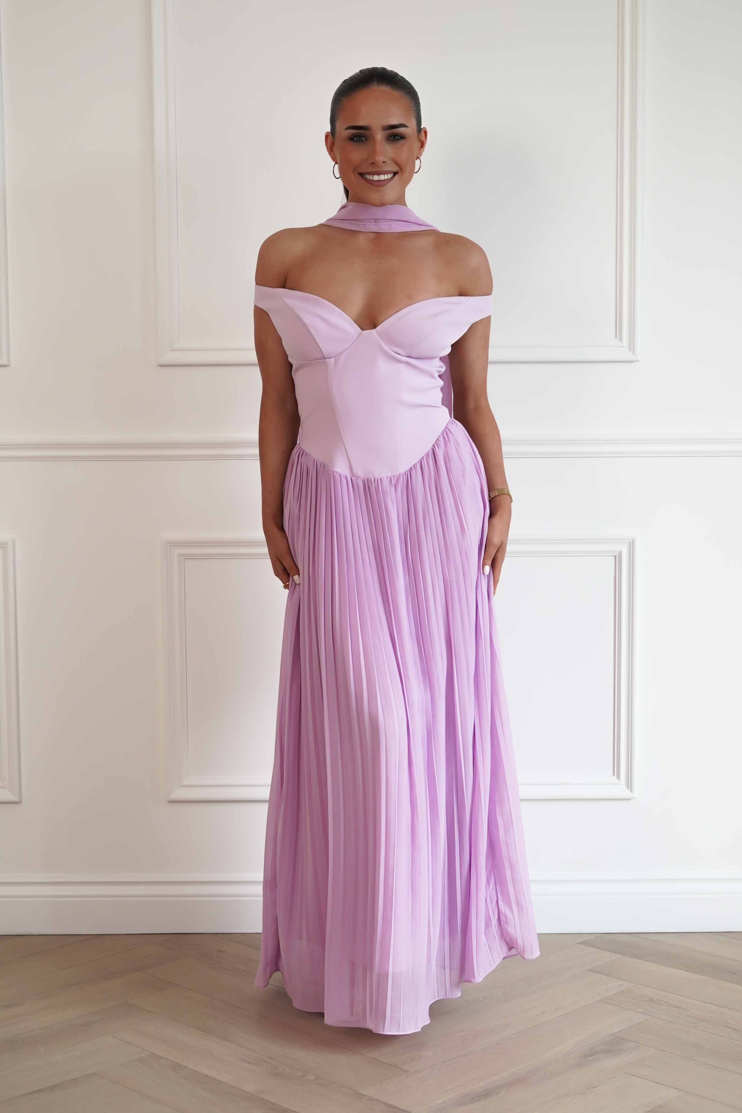 Oh Hello Clothing Women > Clothing > Dresses Kelsea Off The Shoulder Pleated Maxi Dress | Lilac