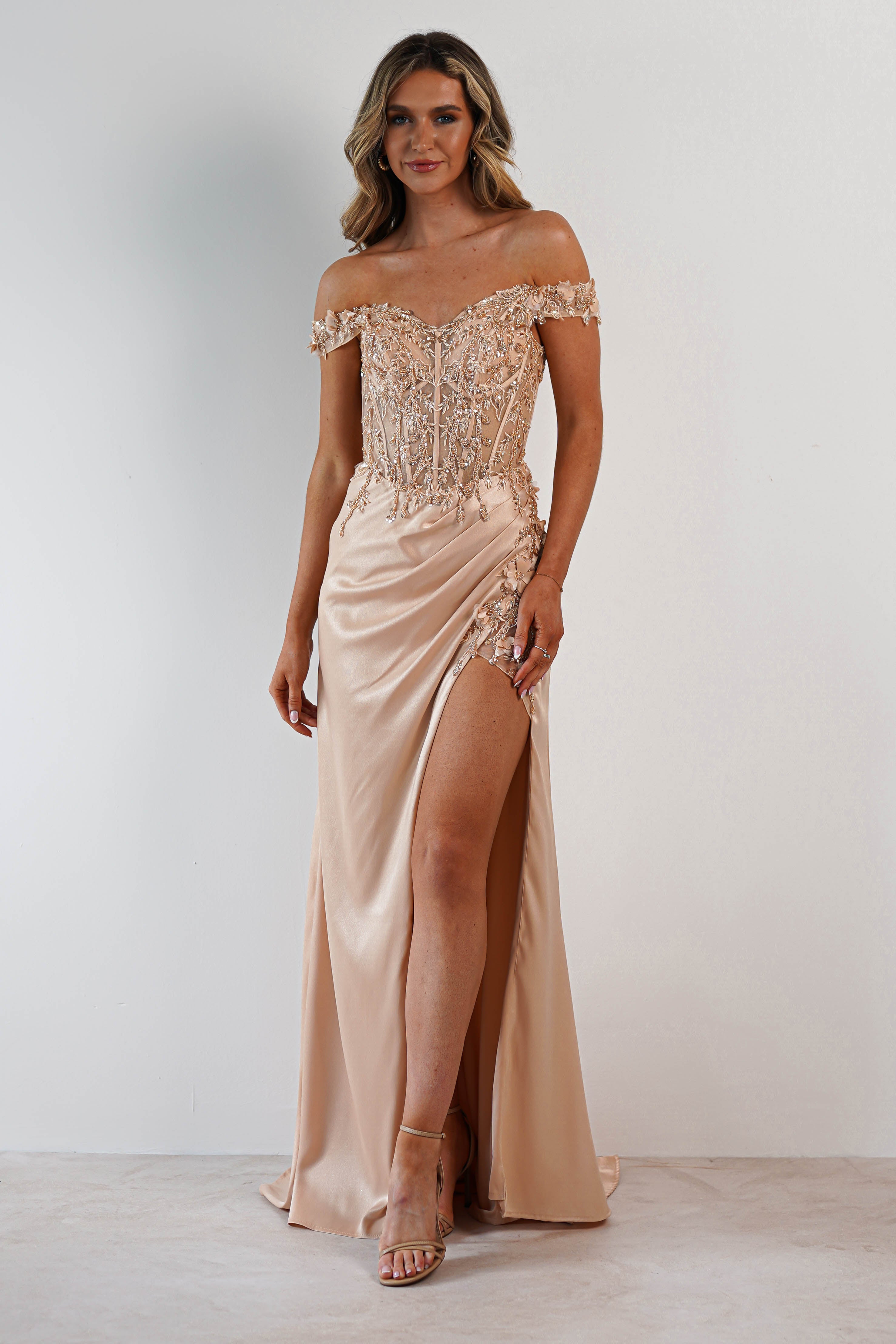 Khacy Embellished Gown | Champagne/Gold - Oh Hello Clothing