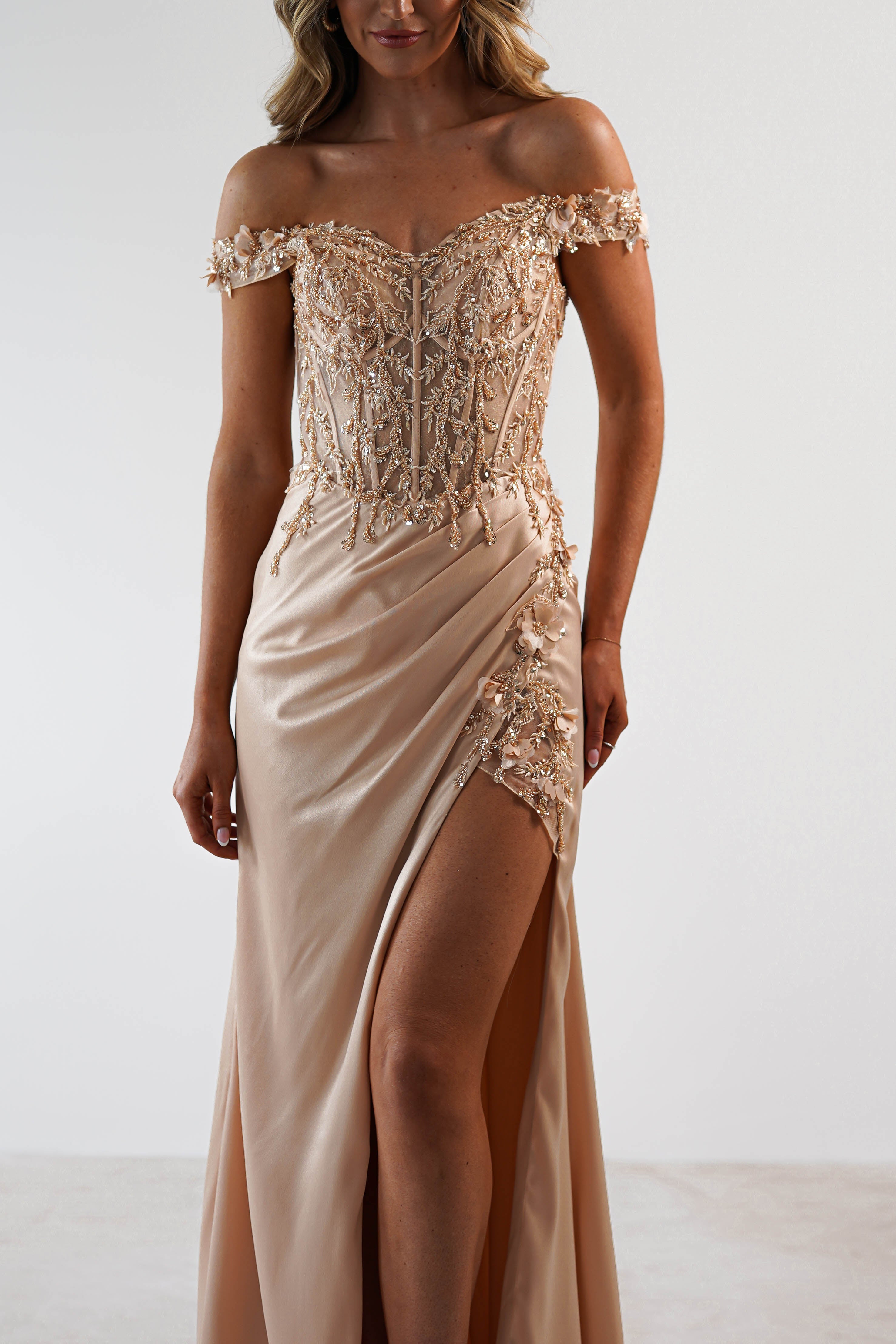 Khacy Embellished Gown | Champagne/Gold - Oh Hello Clothing