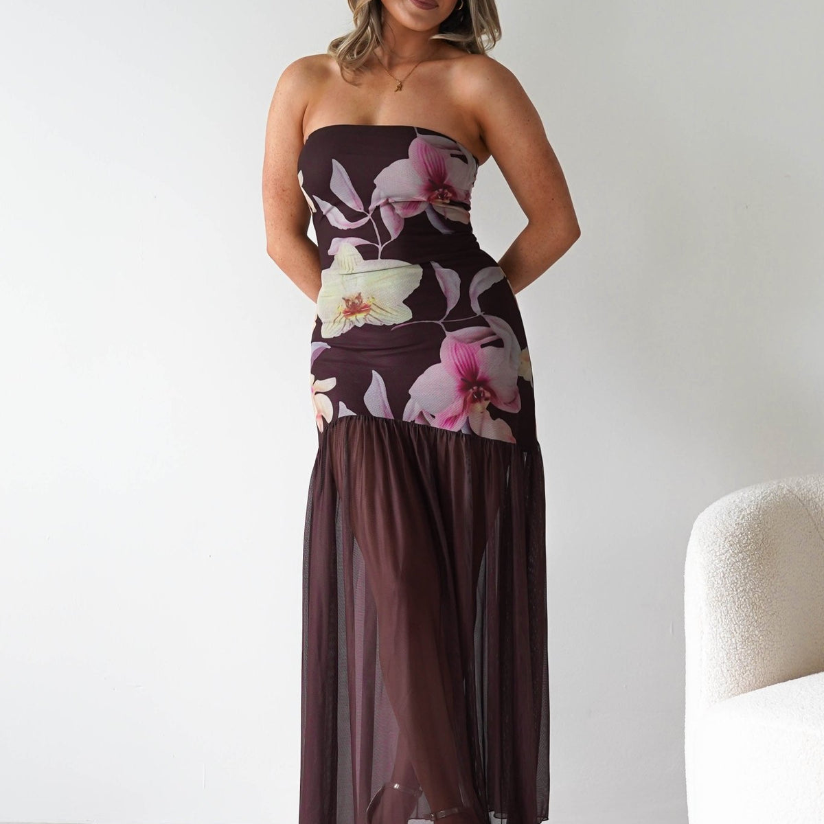 Khalani trägerloses Midaxi-Kleid | Braun geblümt
