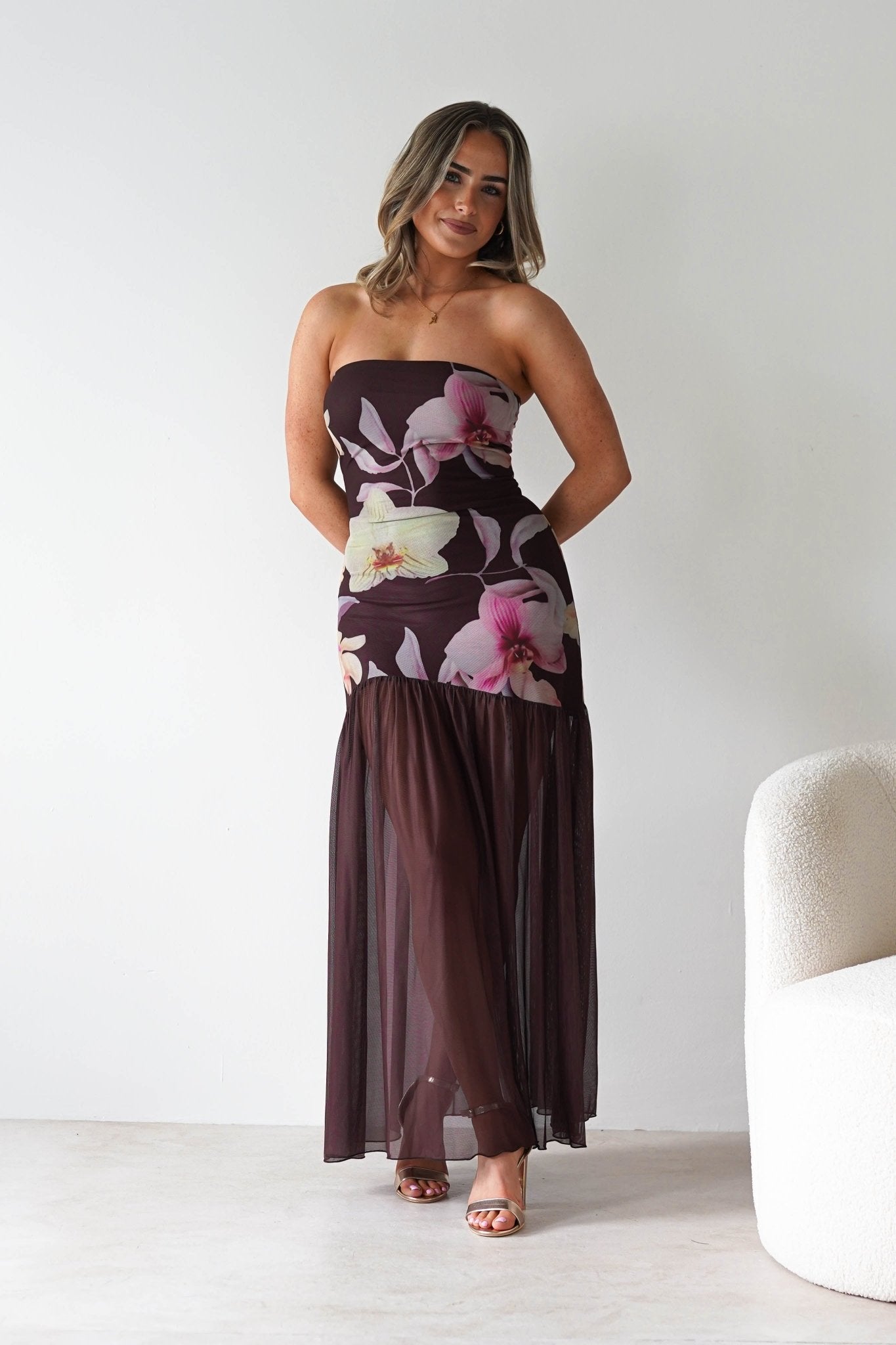 brown strapless wedding guest dress Khalani Midaxi Floral Size:7 US Women (4 UK/AU) Long Cool Woman In Hips 35 (88 cm) Phenom Professional Dress Shirts