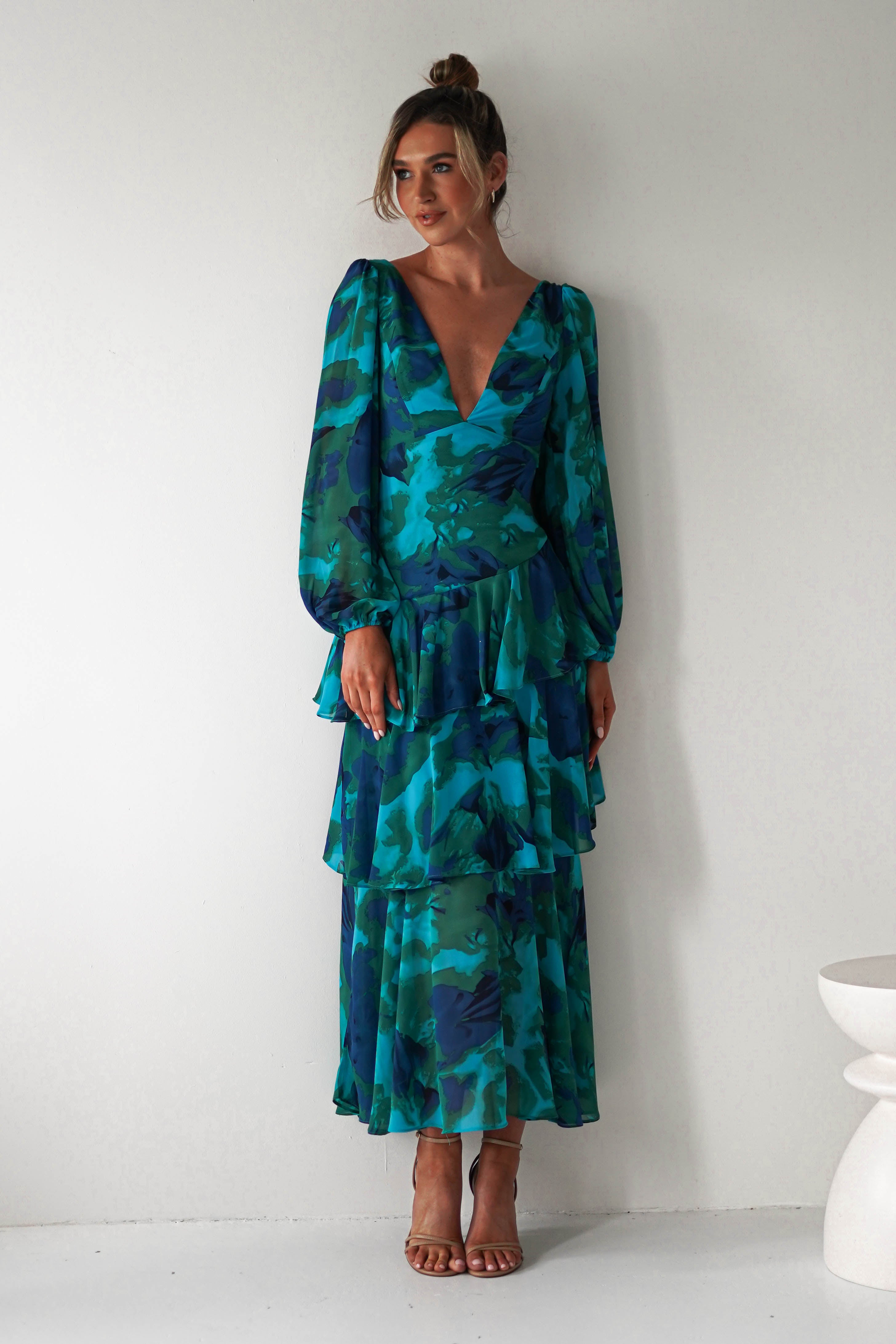 Kiyah Long Sleeve Maxi Dress | Green Print | Oh Hello Clothing | XS (6)