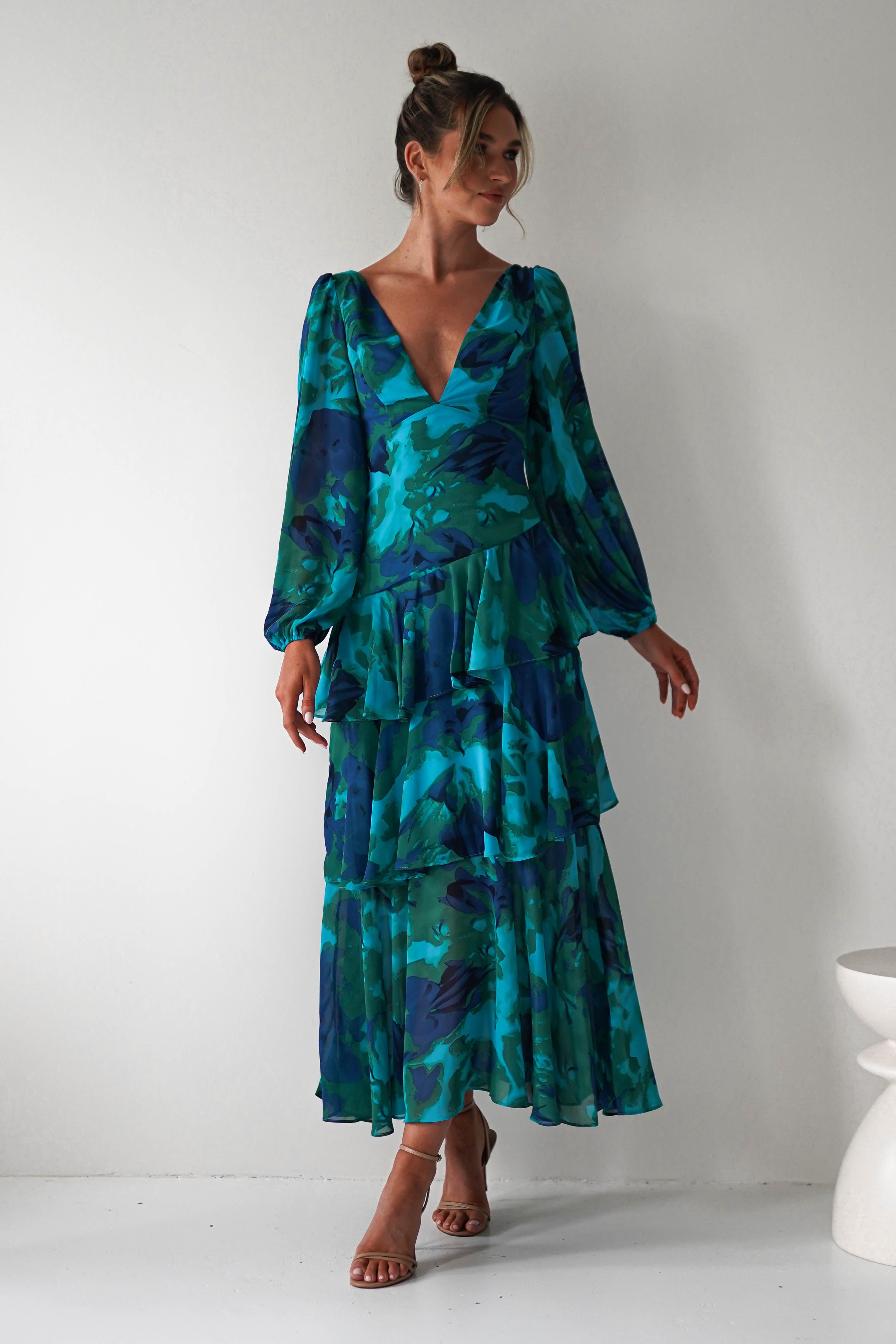 Kiyah Long Sleeve Maxi Dress | Green Print | Oh Hello Clothing | XS (6)