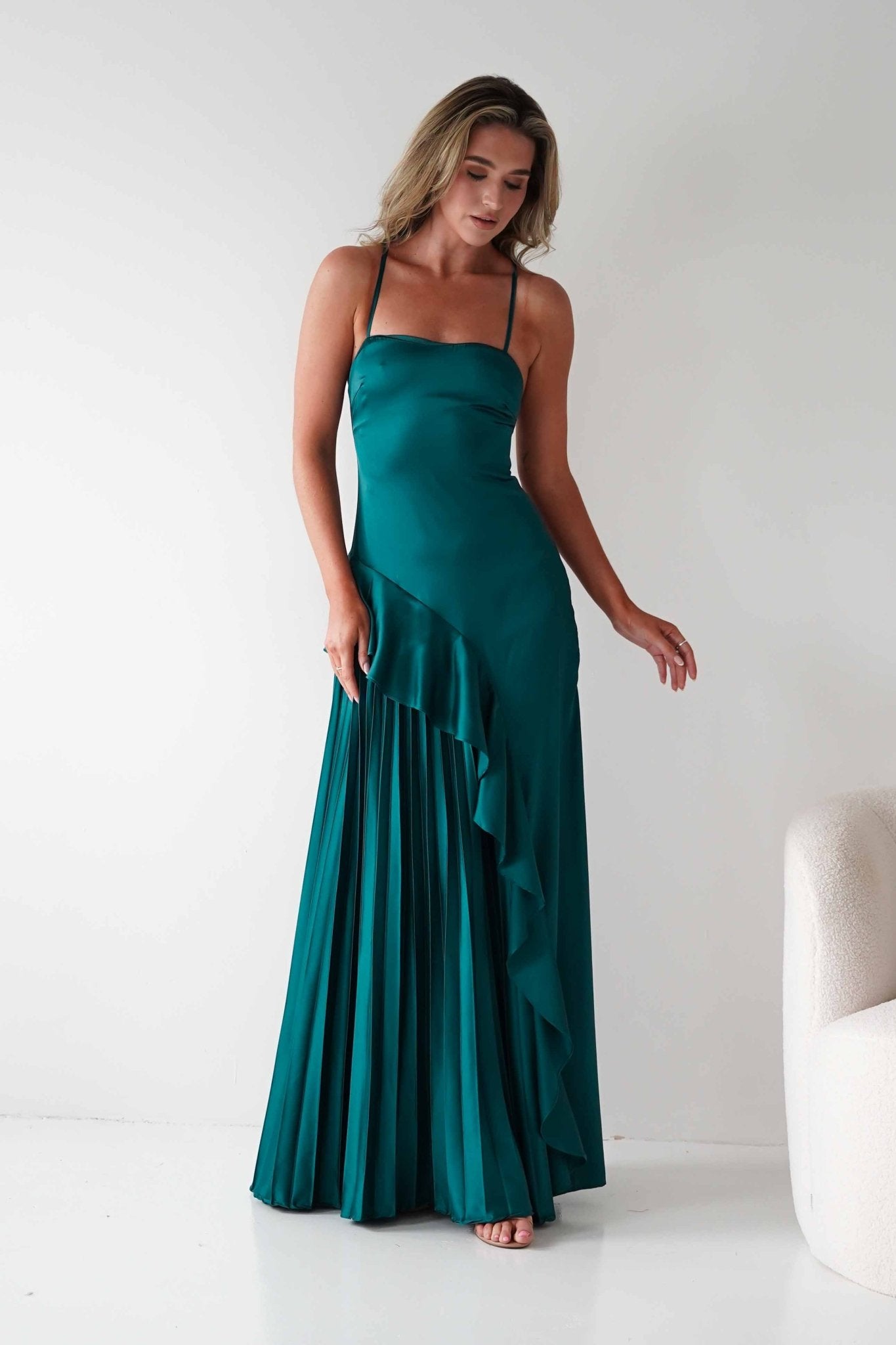 Krishna Satin Pleated Maxi Dresses | Emerald Green | Formal | Oh Hello Clothing