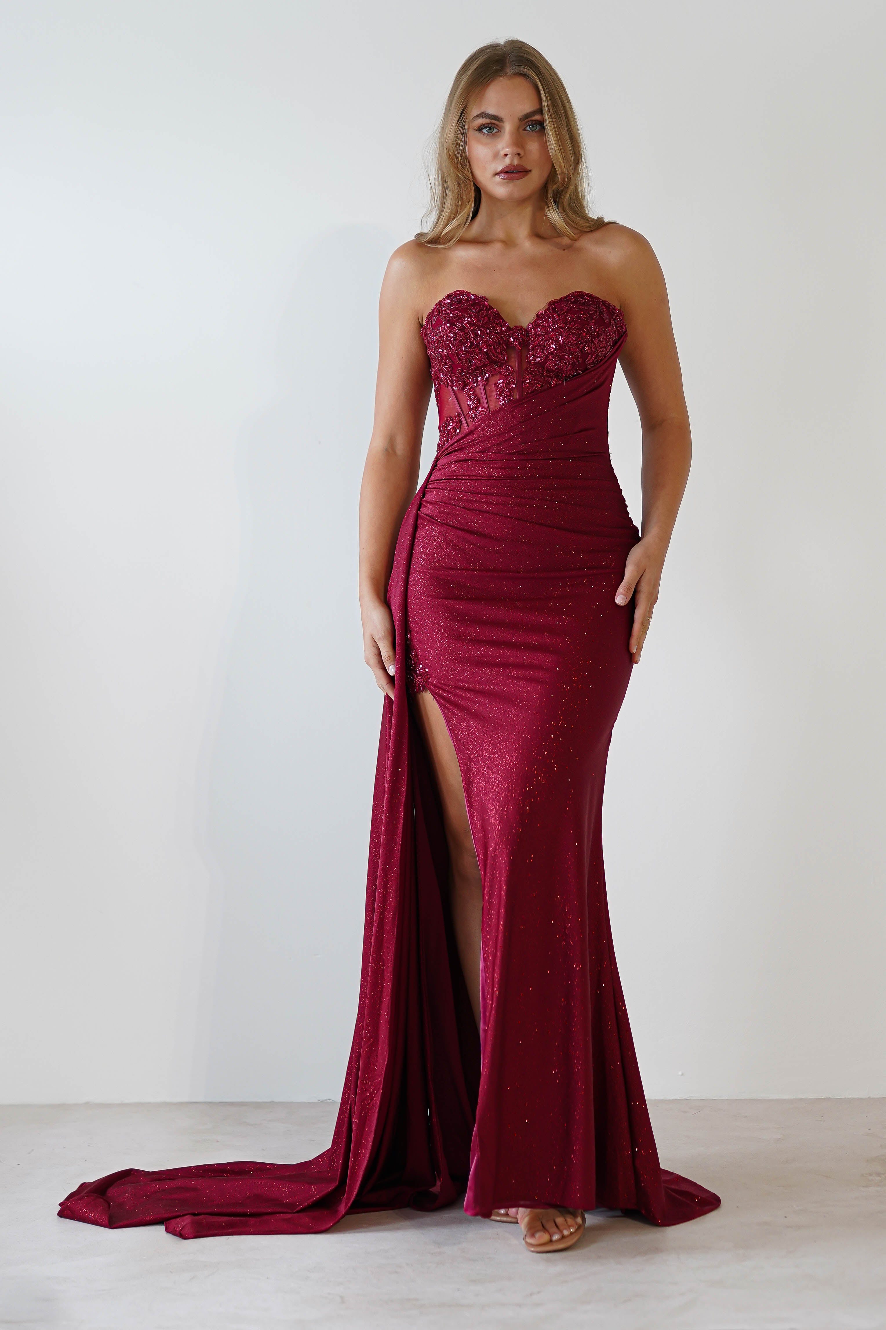 Lavelle Glitter Bodycon Gown | Burgundy | Oh Hello Clothing | XS (6)