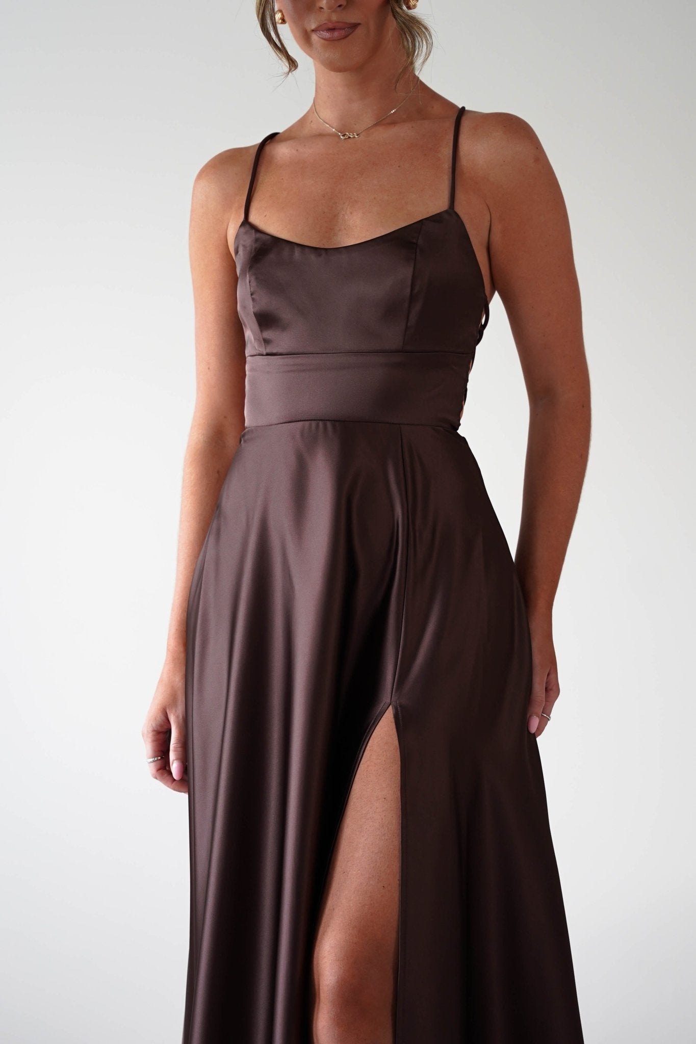 Leelie Silky Satin Maxi Gown | Brown | Oh Hello Clothing | S (8)