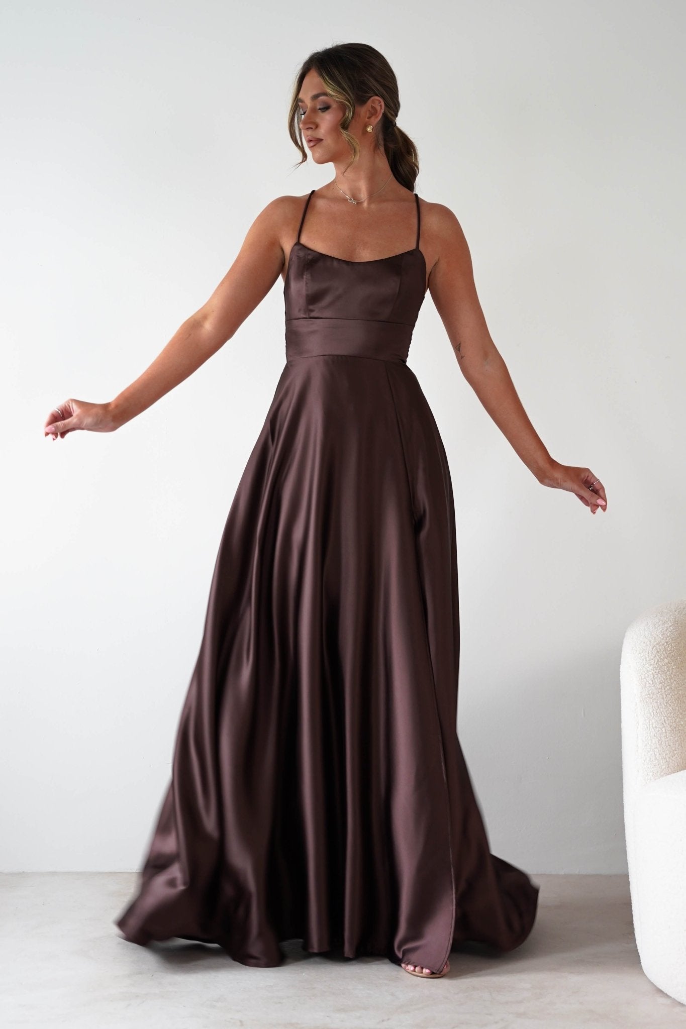 Leelie Silky Satin Maxi Gown | Brown | Oh Hello Clothing | S (8)