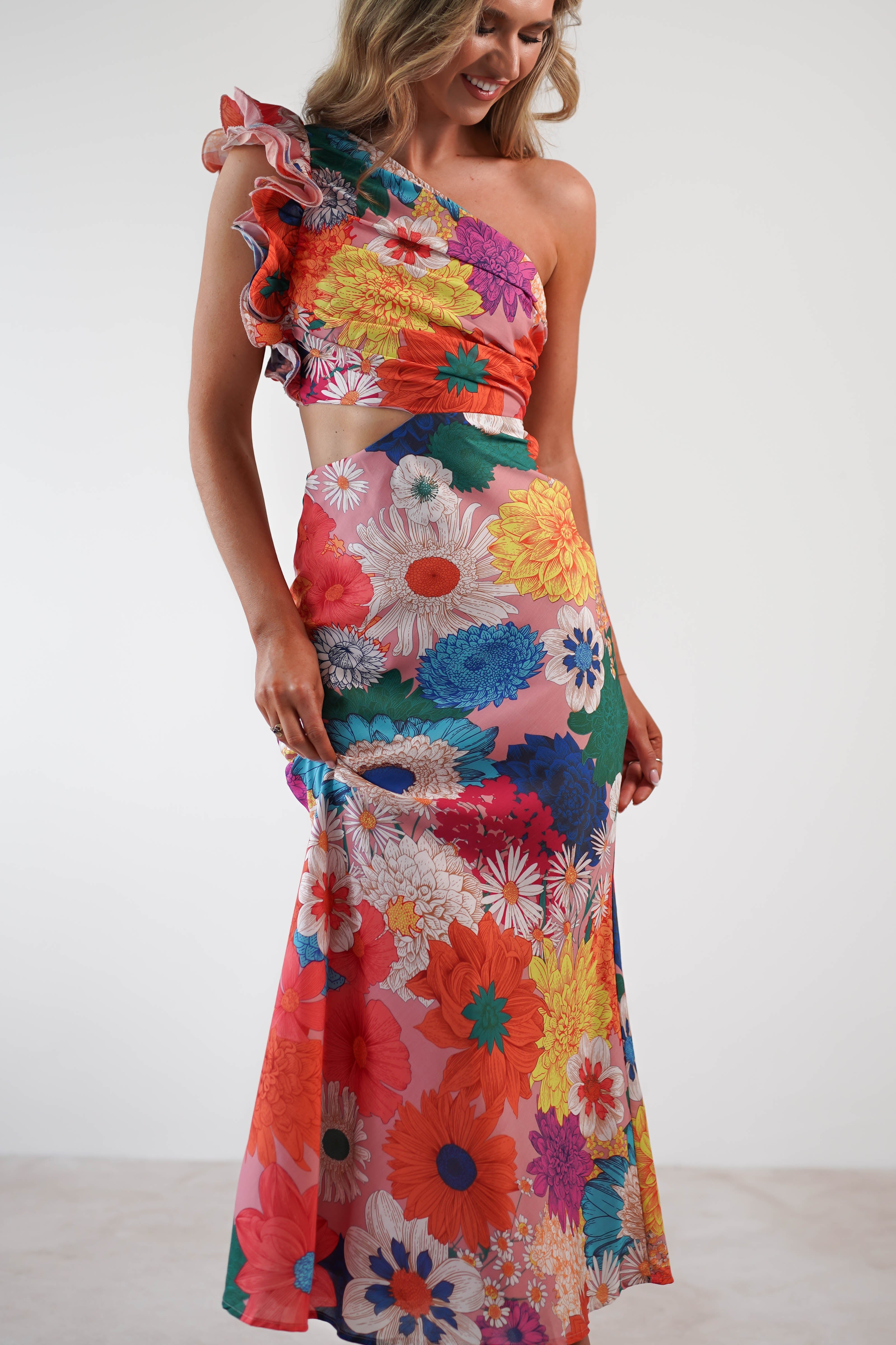 Logen Ruffle Sleeve Midaxi | Orange Floral Print | Oh Hello Clothing | XS (6)