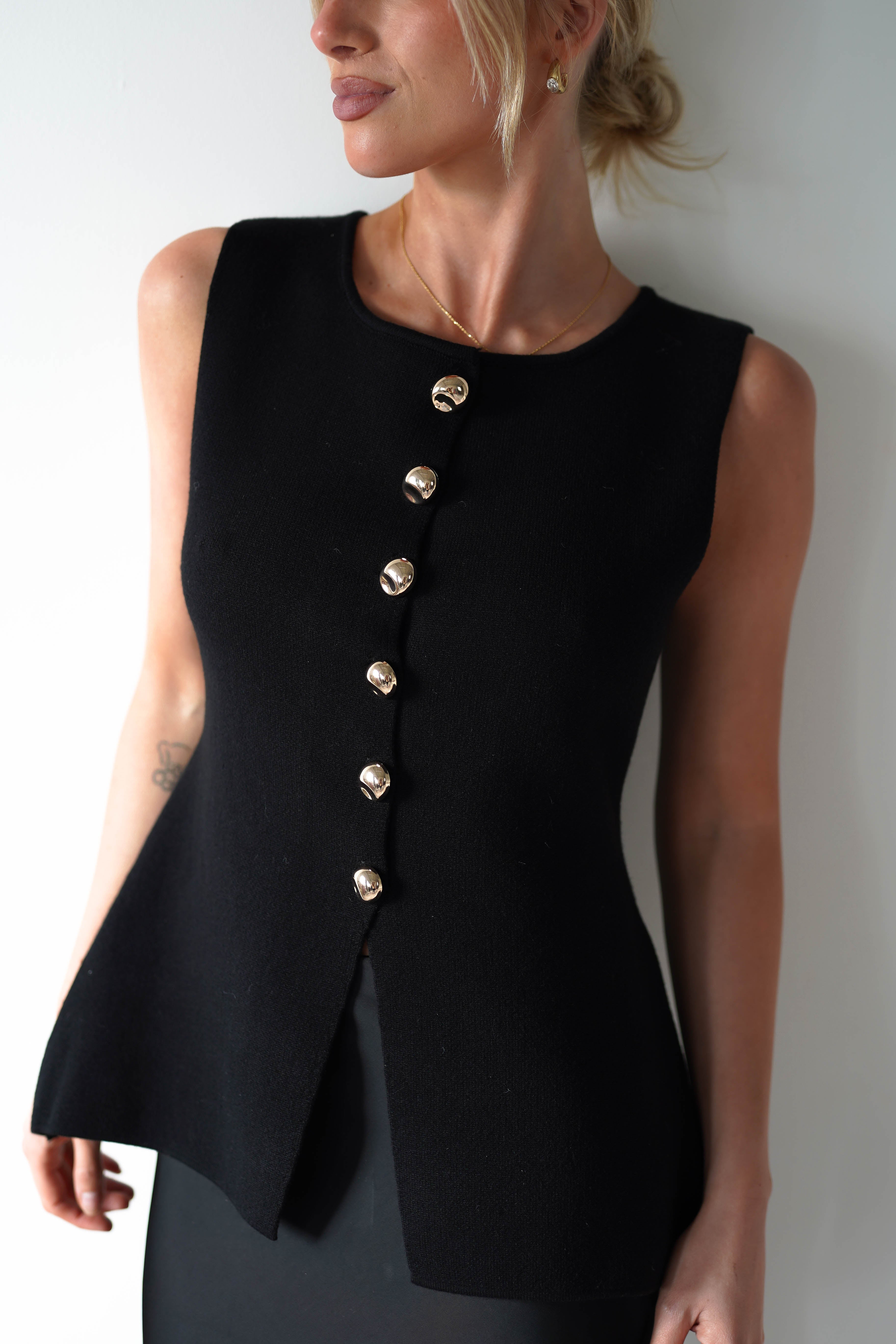Louella Gold Button Waistcoat Top | Black | Oh Hello Clothing | S/M (6 - 10)