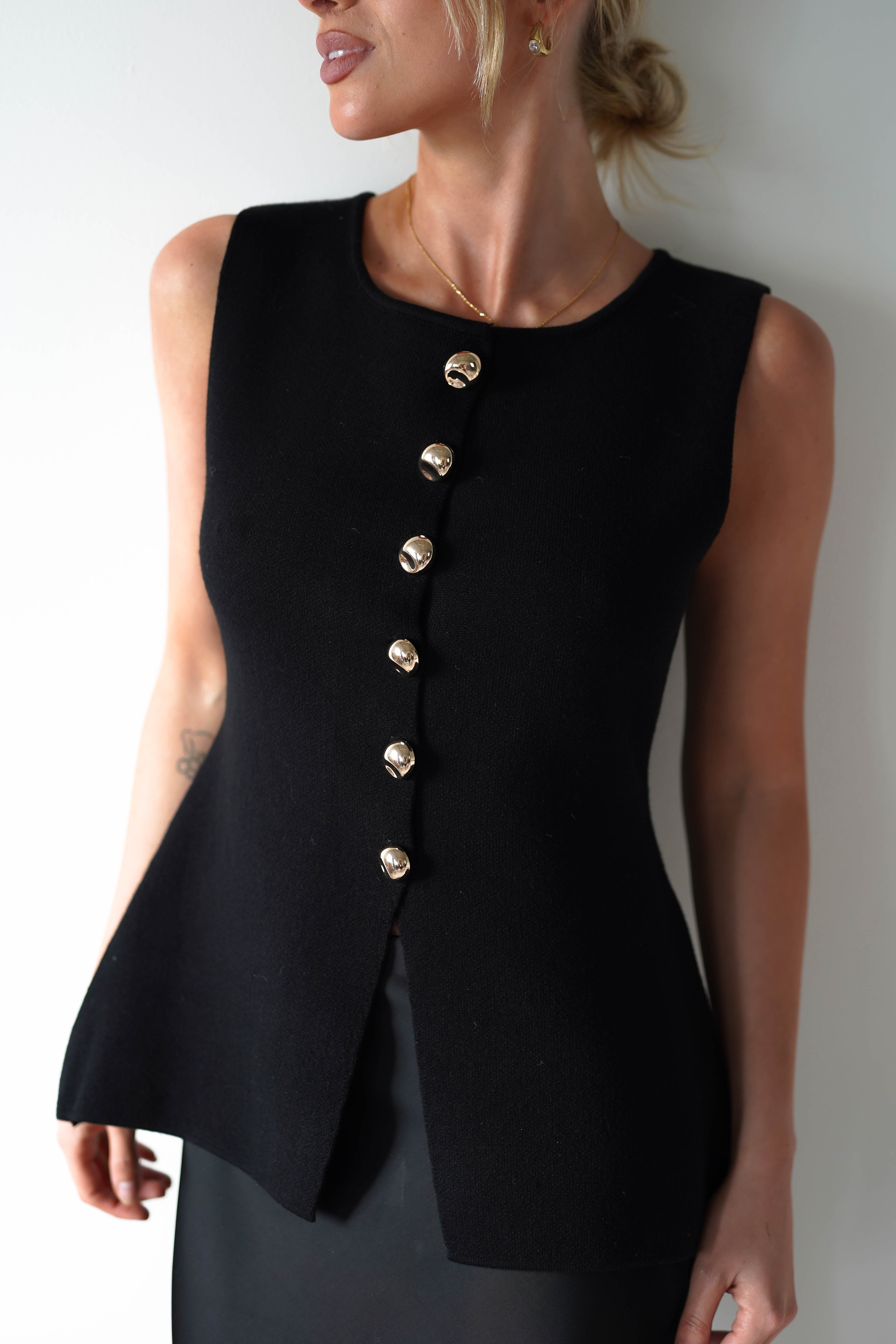 Louella Gold Button Waistcoat Top | Black | Oh Hello Clothing | S/M (6 - 10)