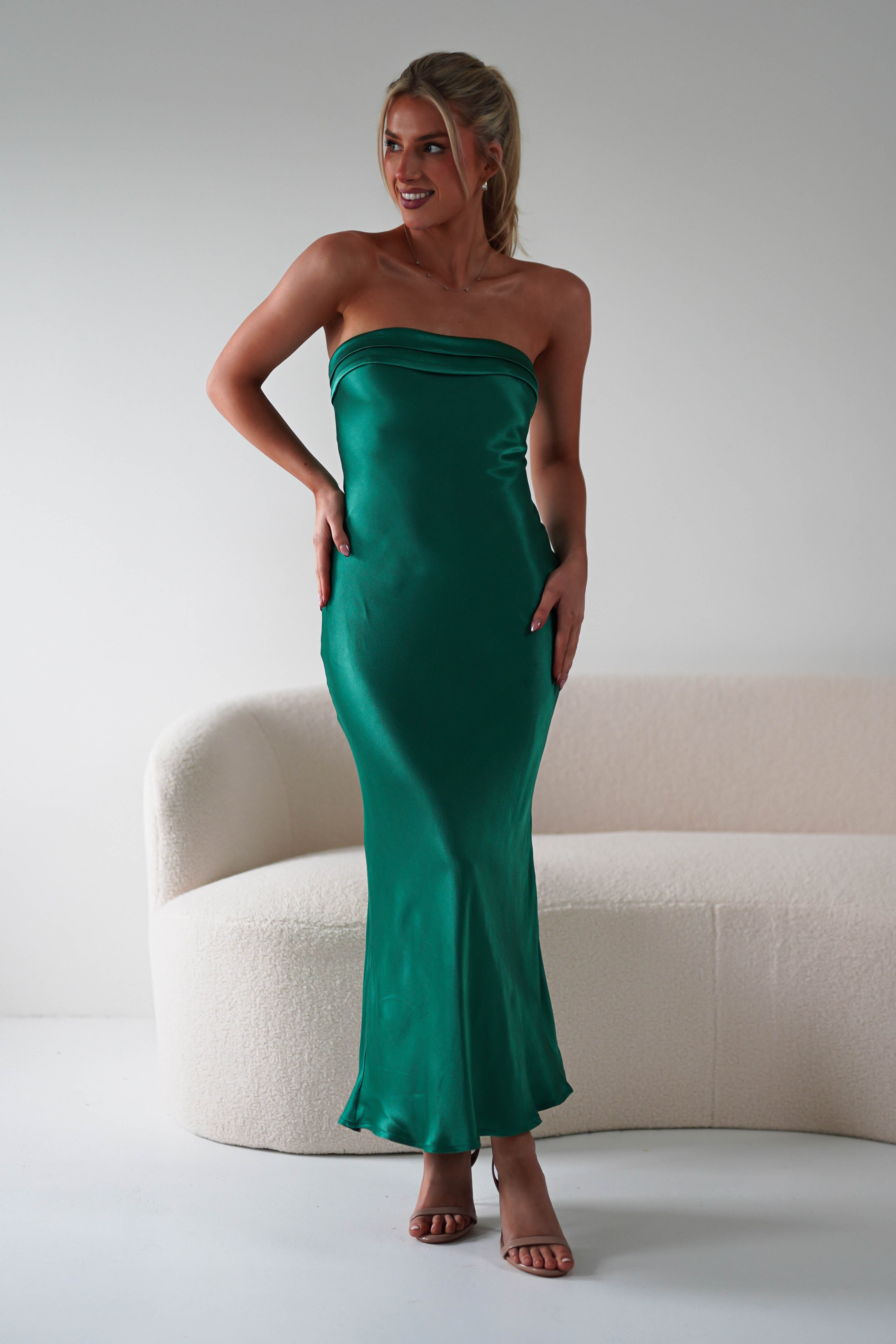 Lucia Soft Satin Slip Midi Dress | Emerald Green | Oh Hello Clothing | XS (6)