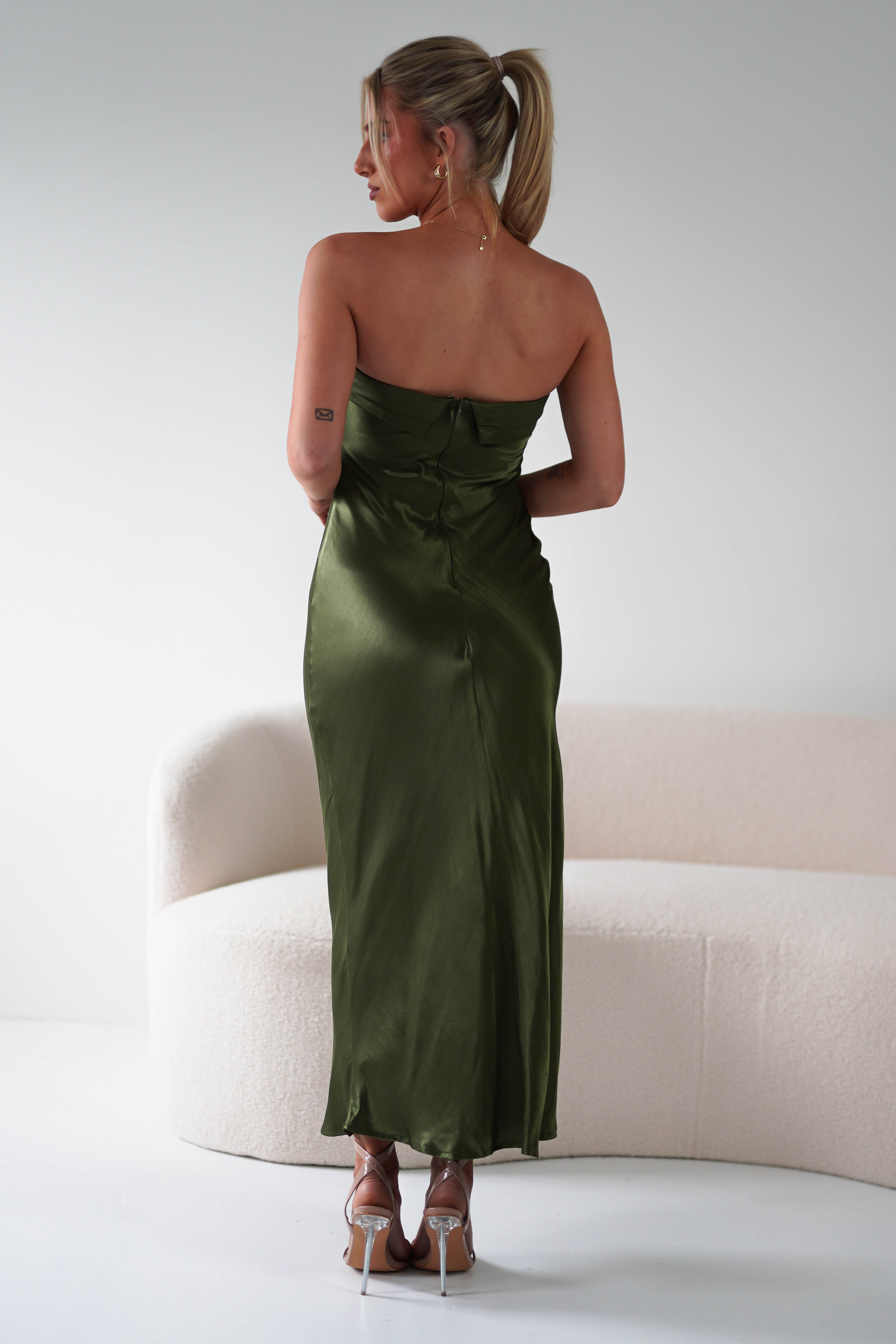 Lucia Soft Satin Slip Midi Dress | Olive | Oh Hello Clothing | XS (6)