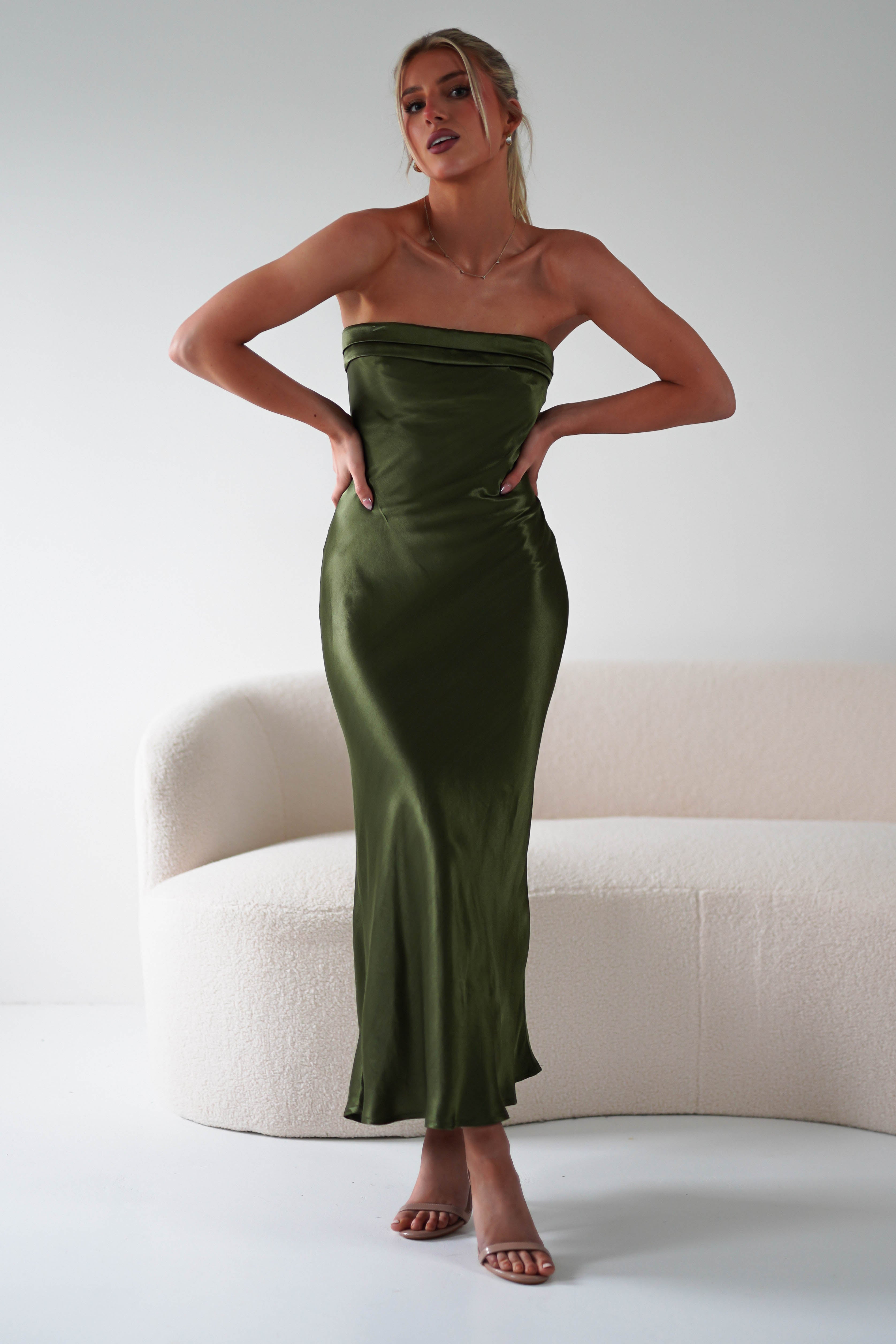 Lucia Soft Satin Slip Midi Dress | Olive | Oh Hello Clothing | XS (6)