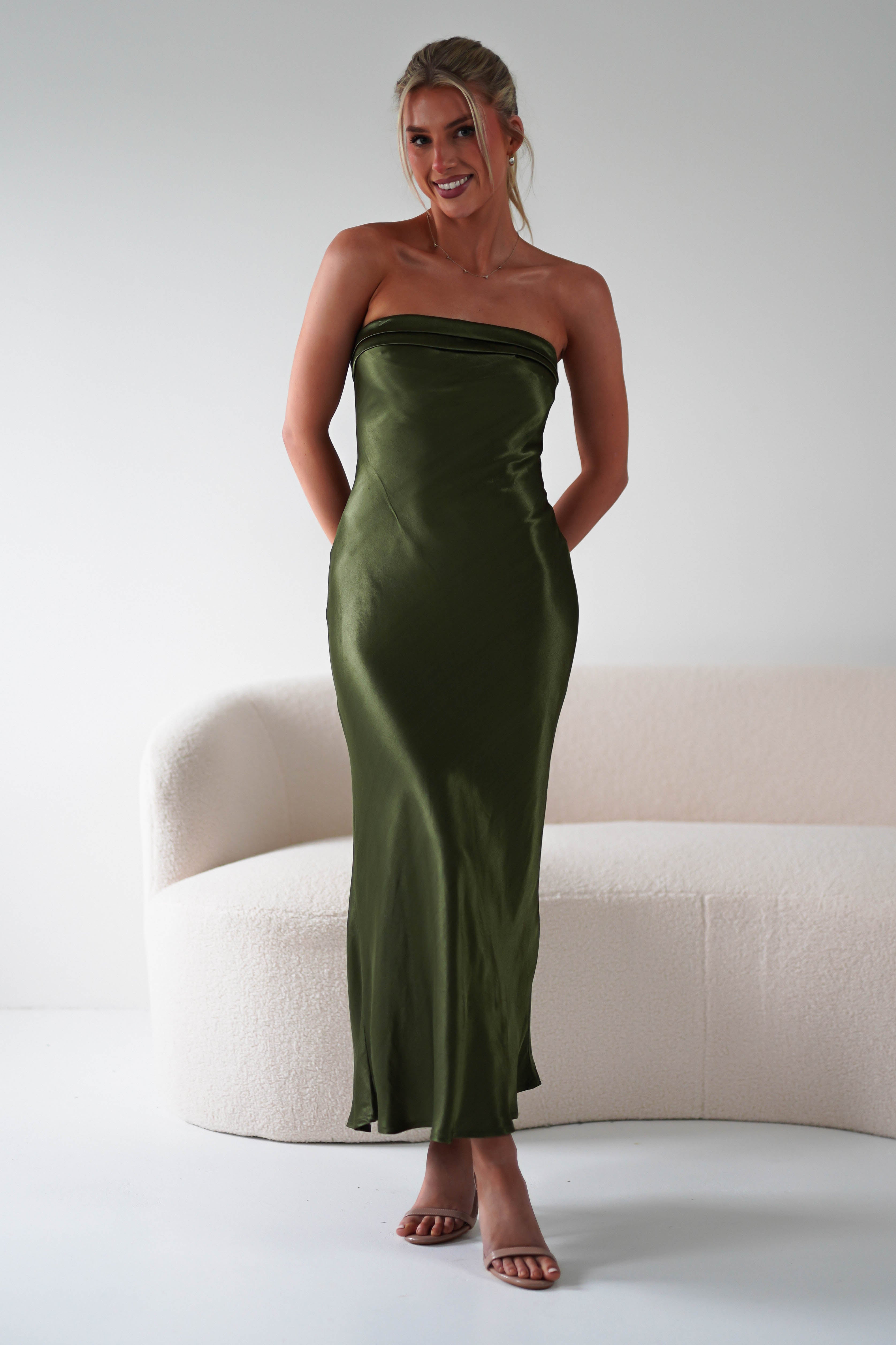 Lucia Soft Satin Slip Midi Dress | Olive | Oh Hello Clothing | XS (6)
