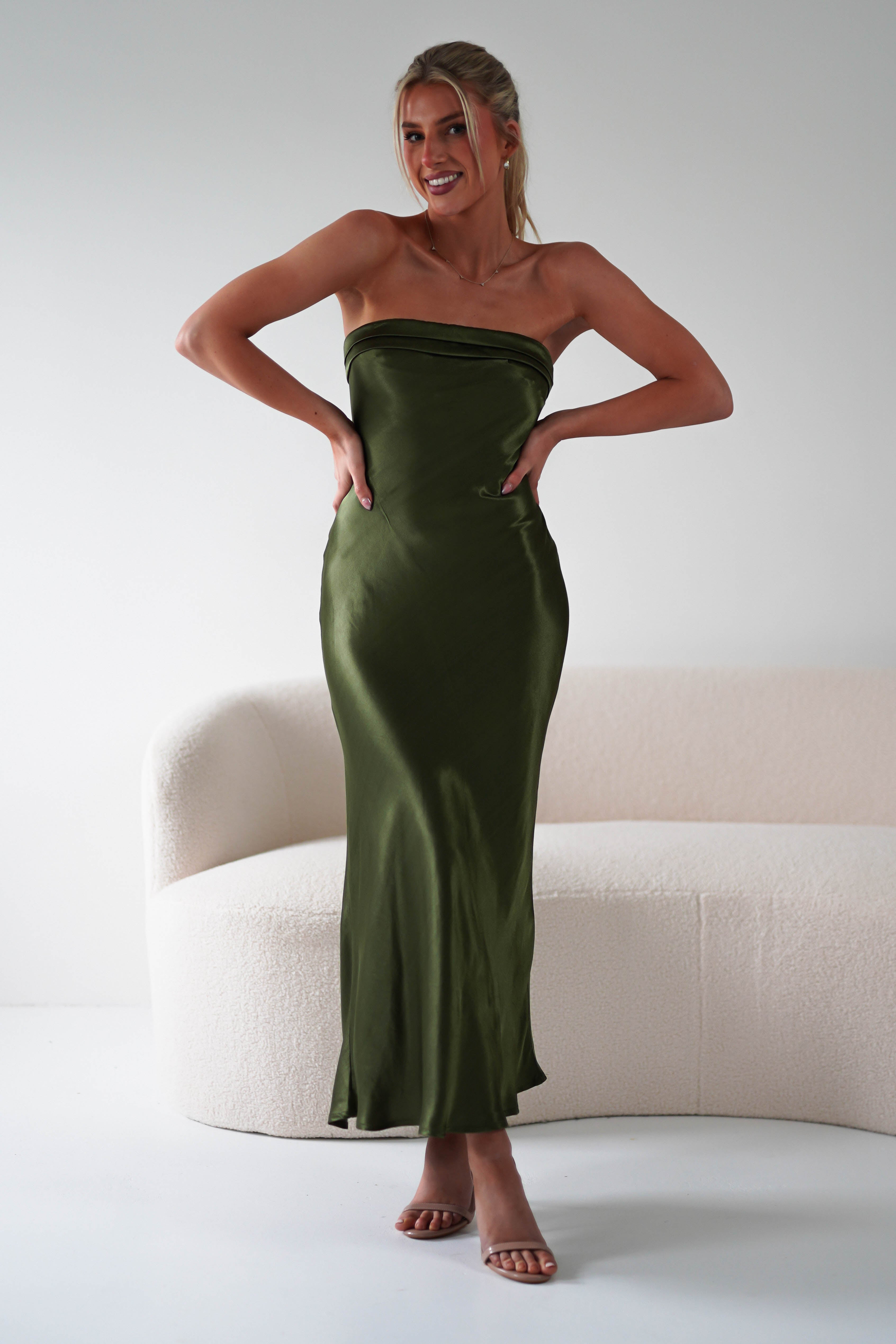Lucia Soft Satin Slip Midi Dress | Olive | Oh Hello Clothing | XS (6)