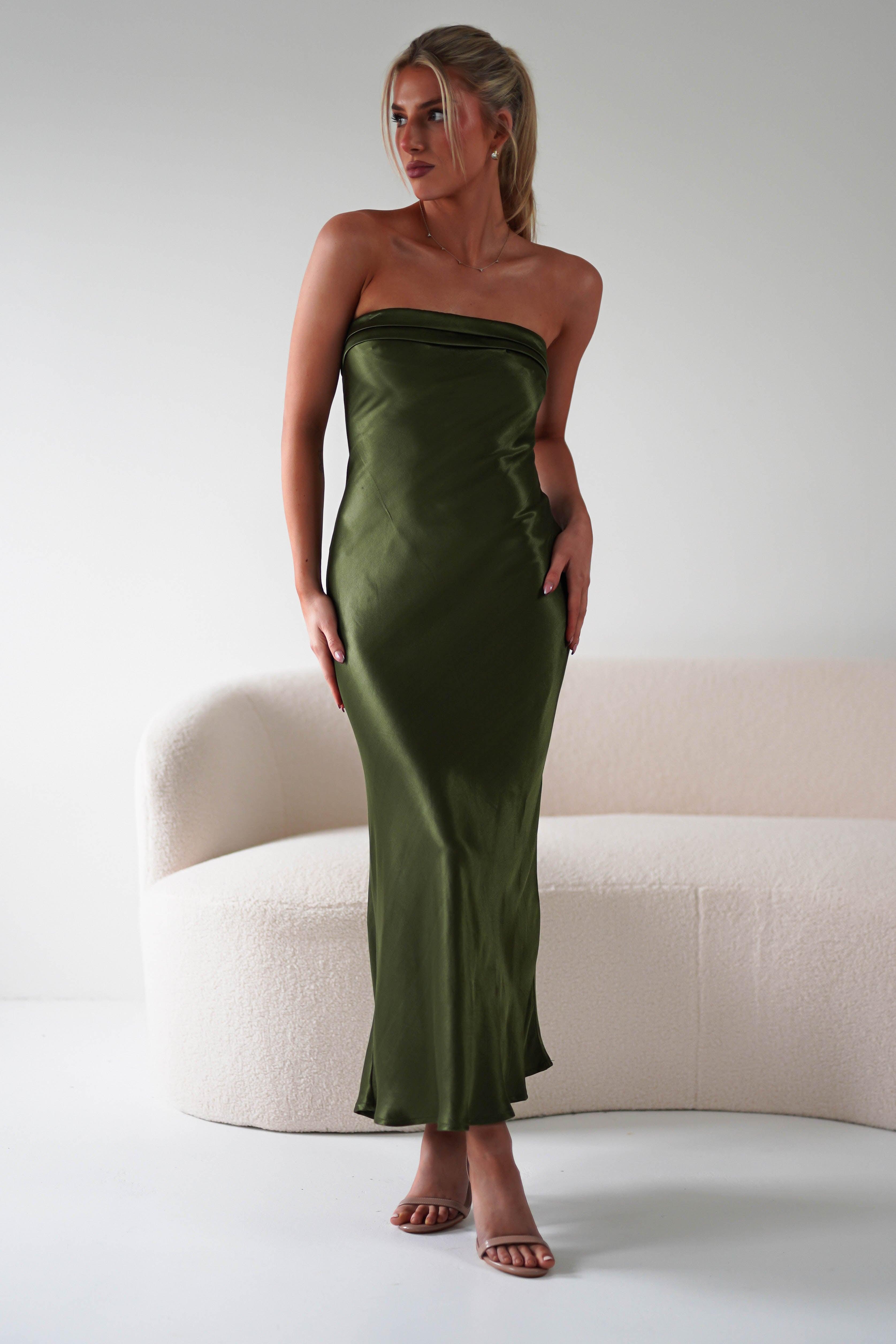 Lucia Soft Satin Slip Midi Dress | Olive | Oh Hello Clothing | XS (6)