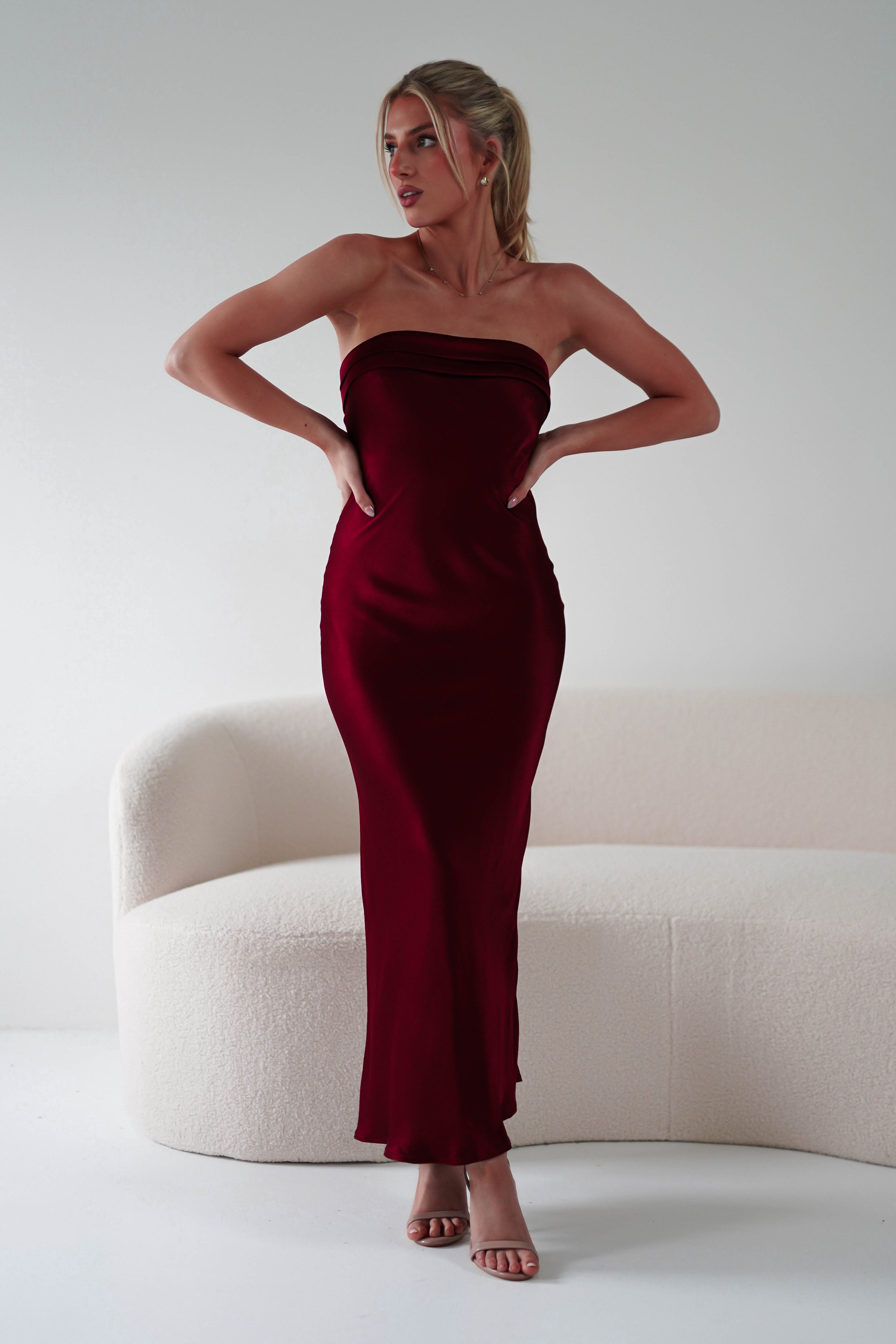 Lucia Soft Satin Slip Midi Dress | Wine | Oh Hello Clothing | XS (6)