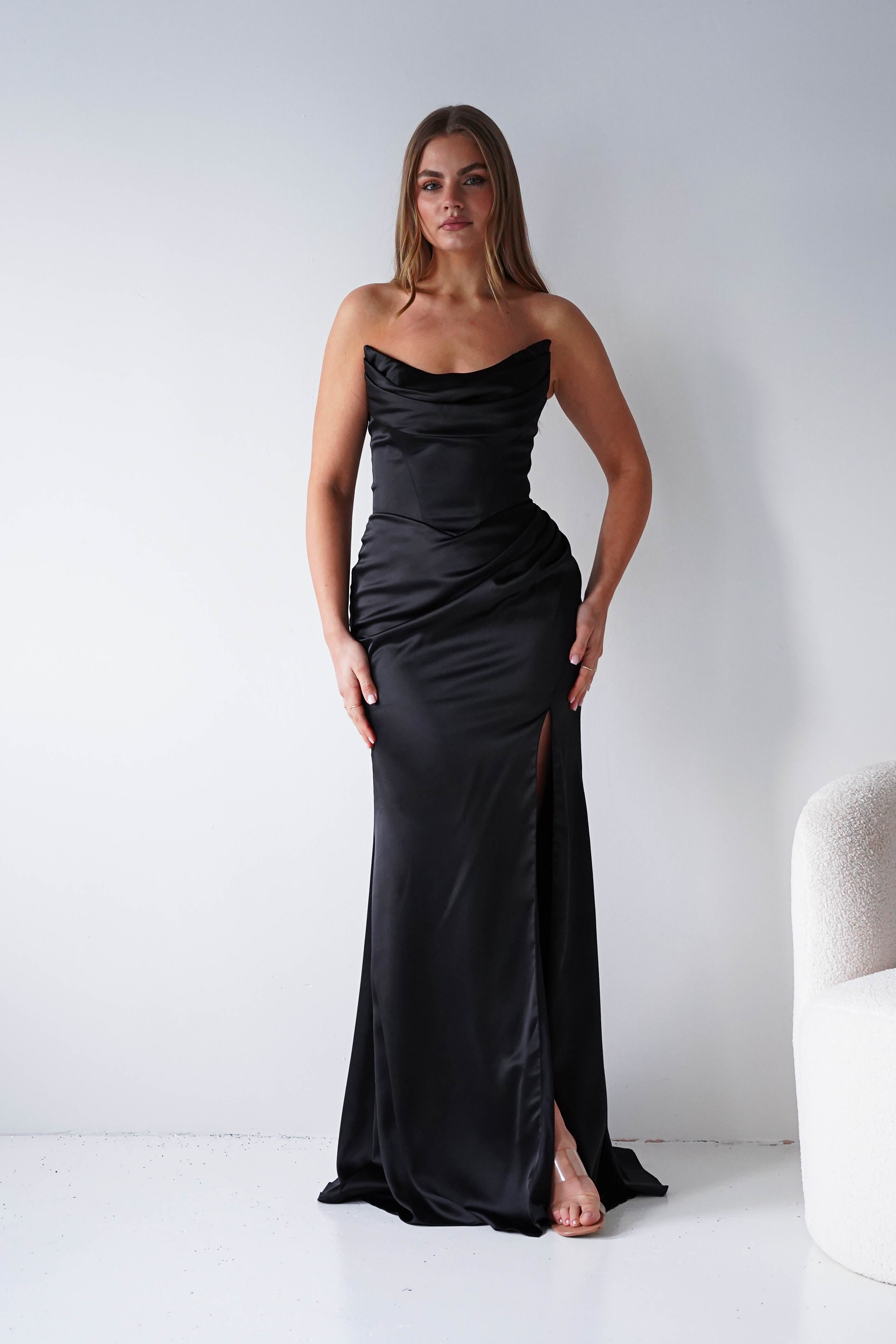 Oh Hello Clothing Dresses > Prom Dresses Lucienne Satin Strapless Maxi Dress | Black