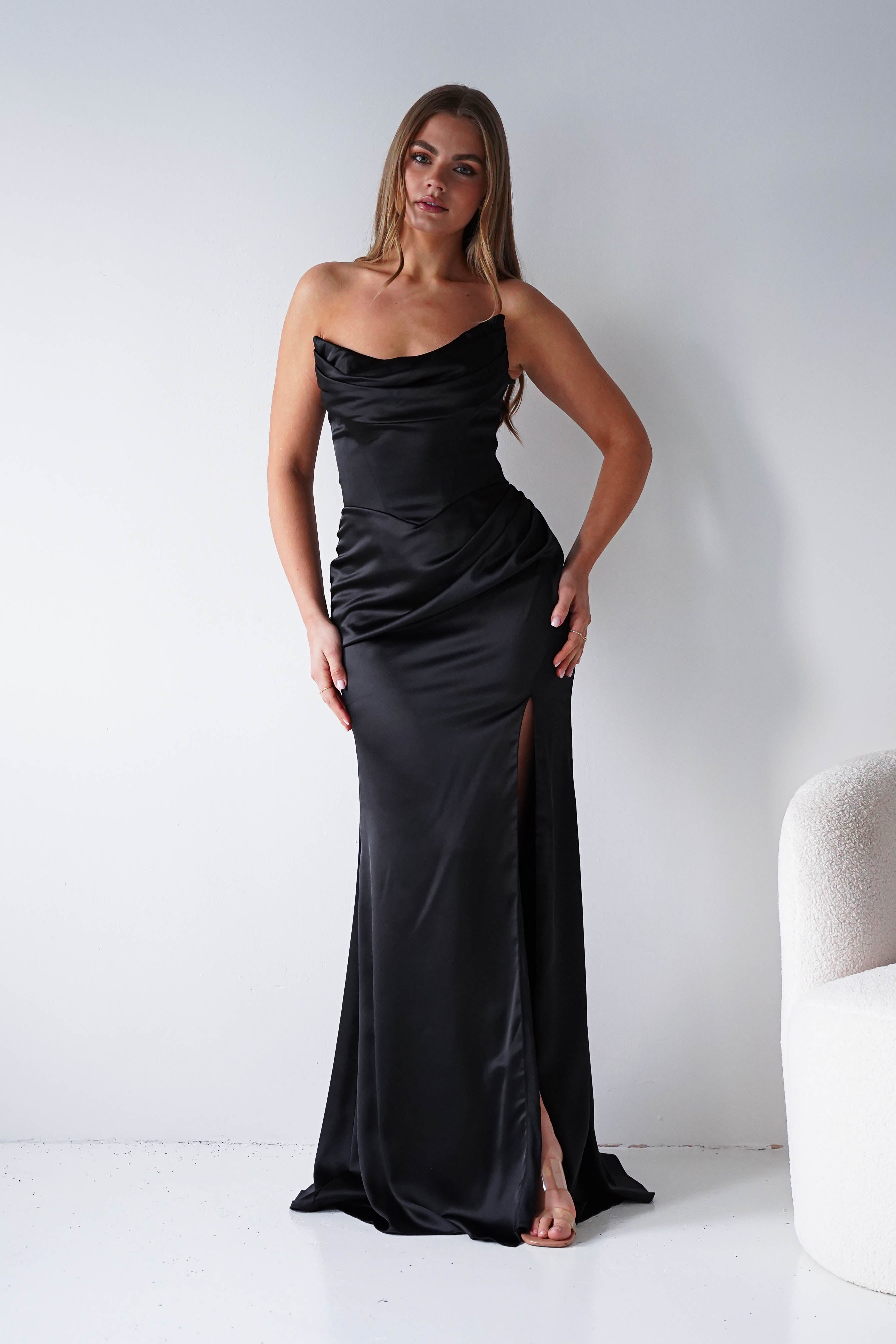 Oh Hello Clothing Dresses > Prom Dresses Lucienne Satin Strapless Maxi Dress | Black