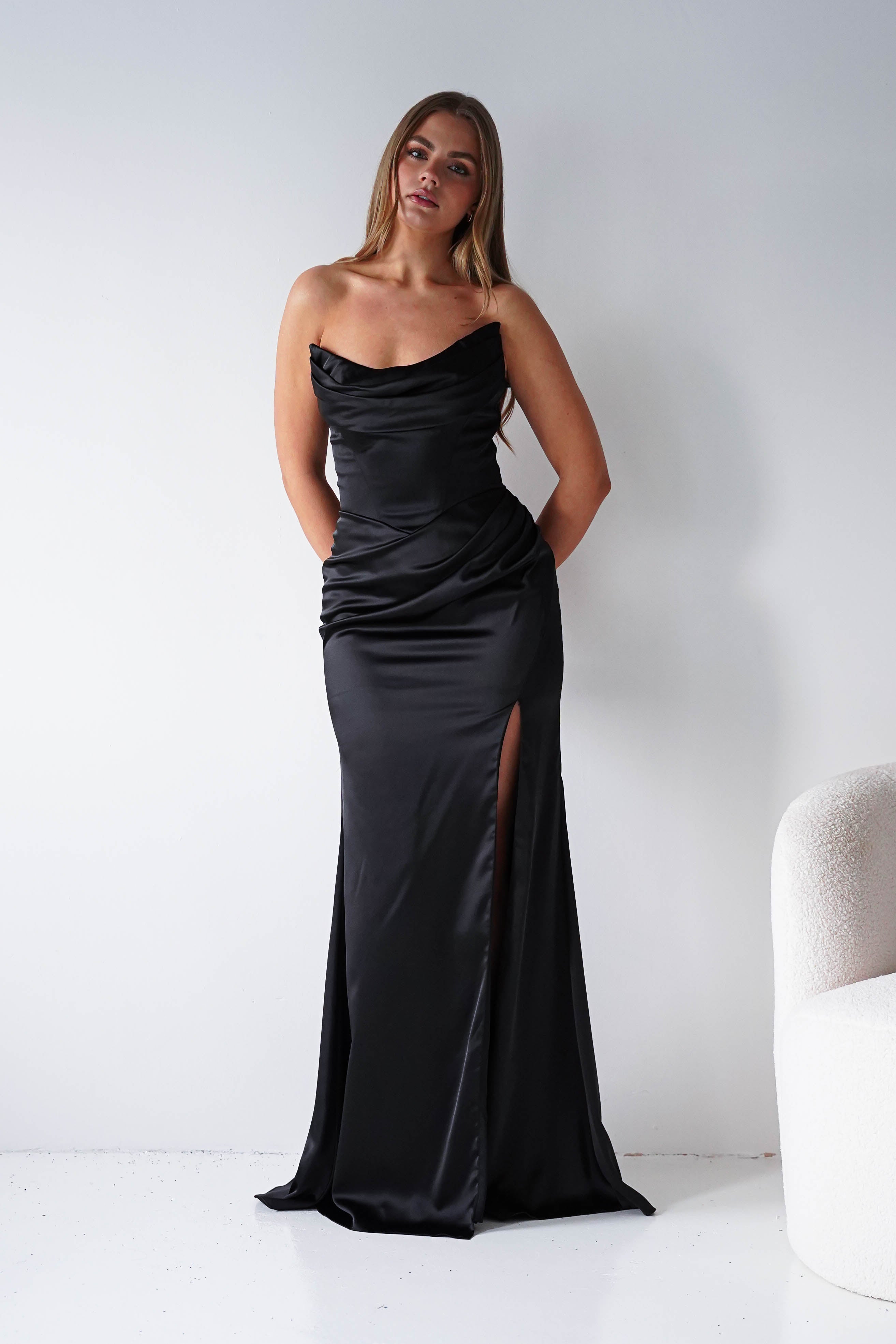 Oh Hello Clothing Dresses > Prom Dresses Lucienne Satin Strapless Maxi Dress | Black