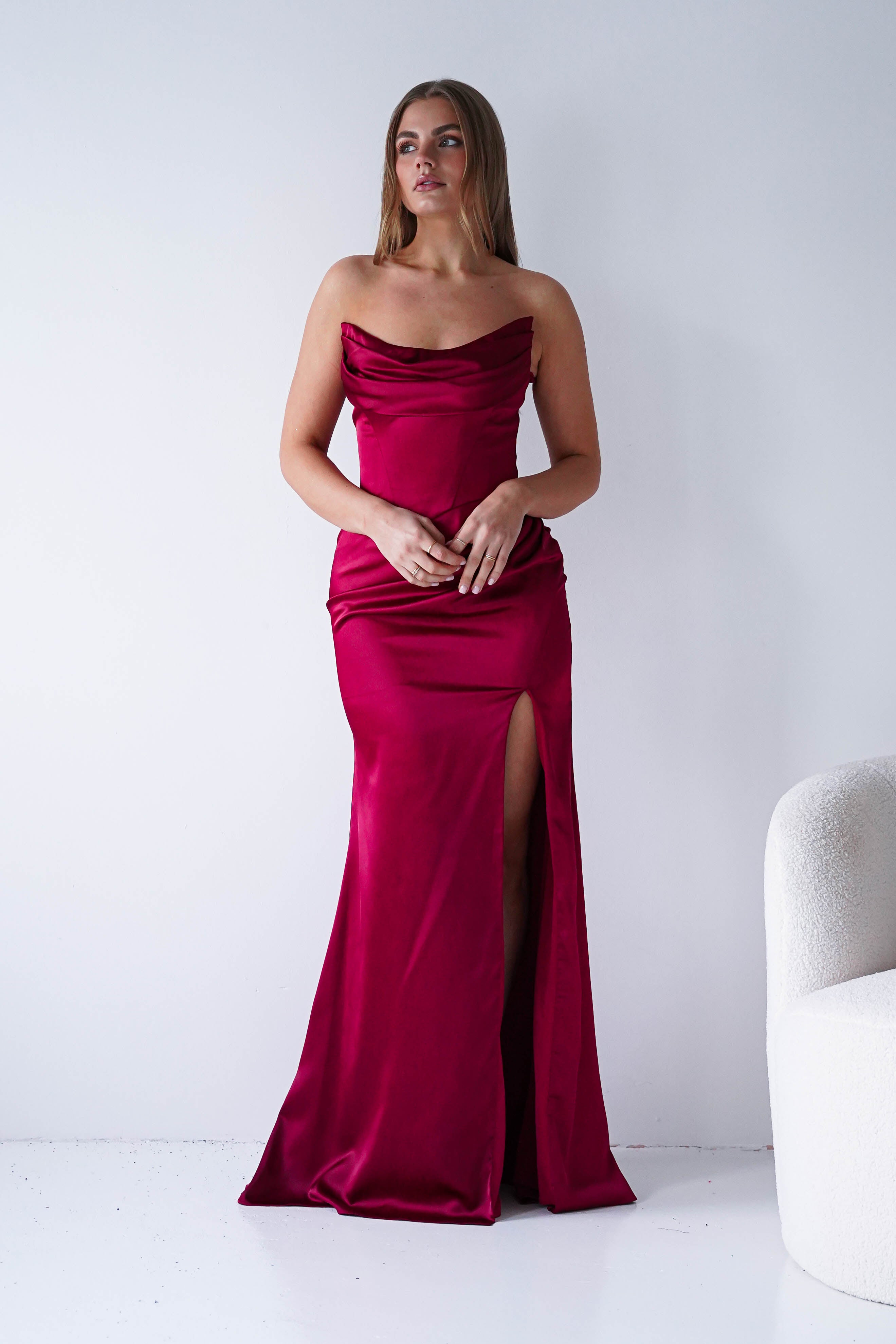 Oh Hello Clothing Dresses > Prom Dresses Lucienne Satin Strapless Maxi Dress | Deep Red
