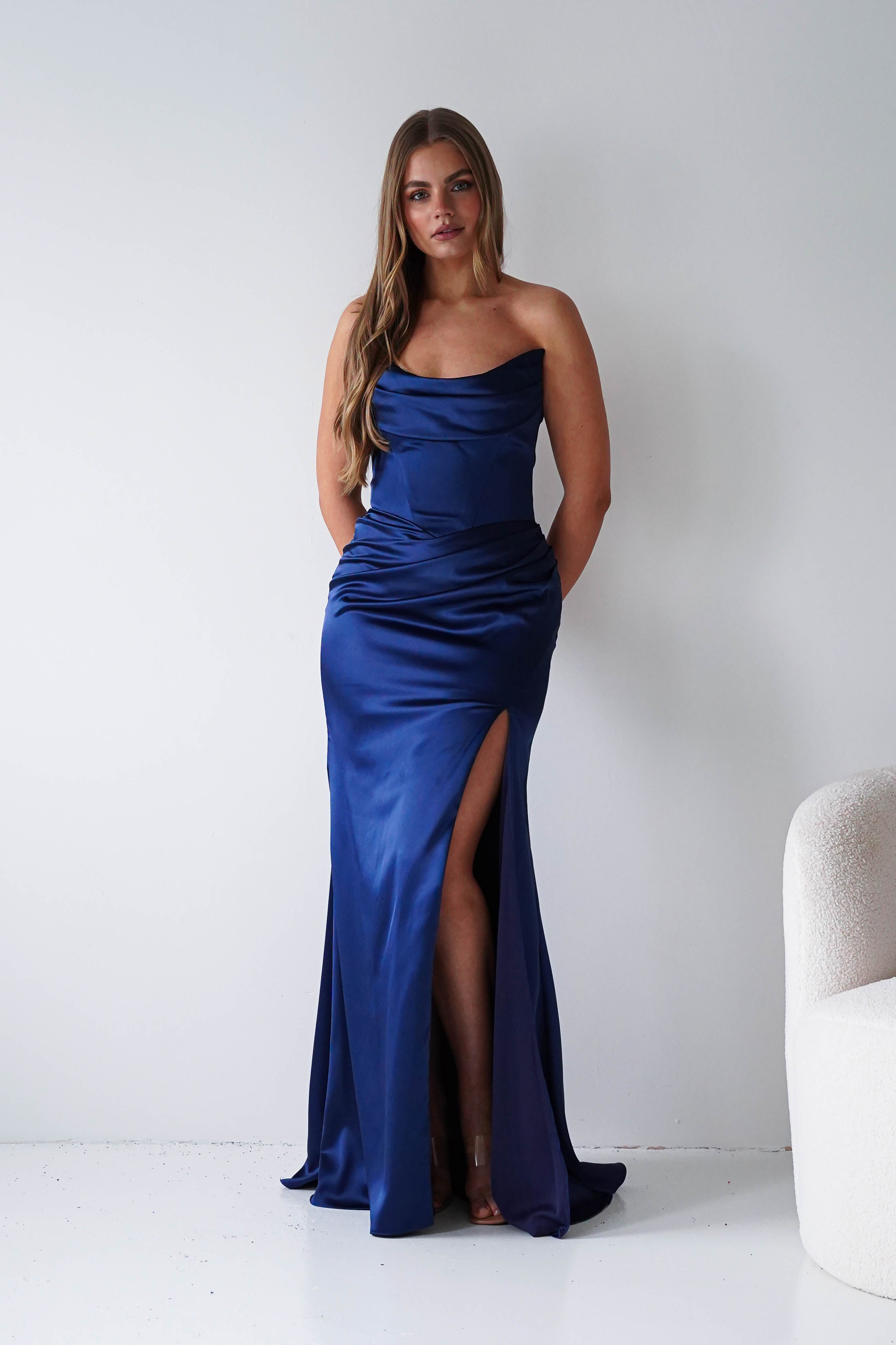 Oh Hello Clothing Dresses > Prom Dresses Lucienne Satin Strapless Maxi Dress | Navy