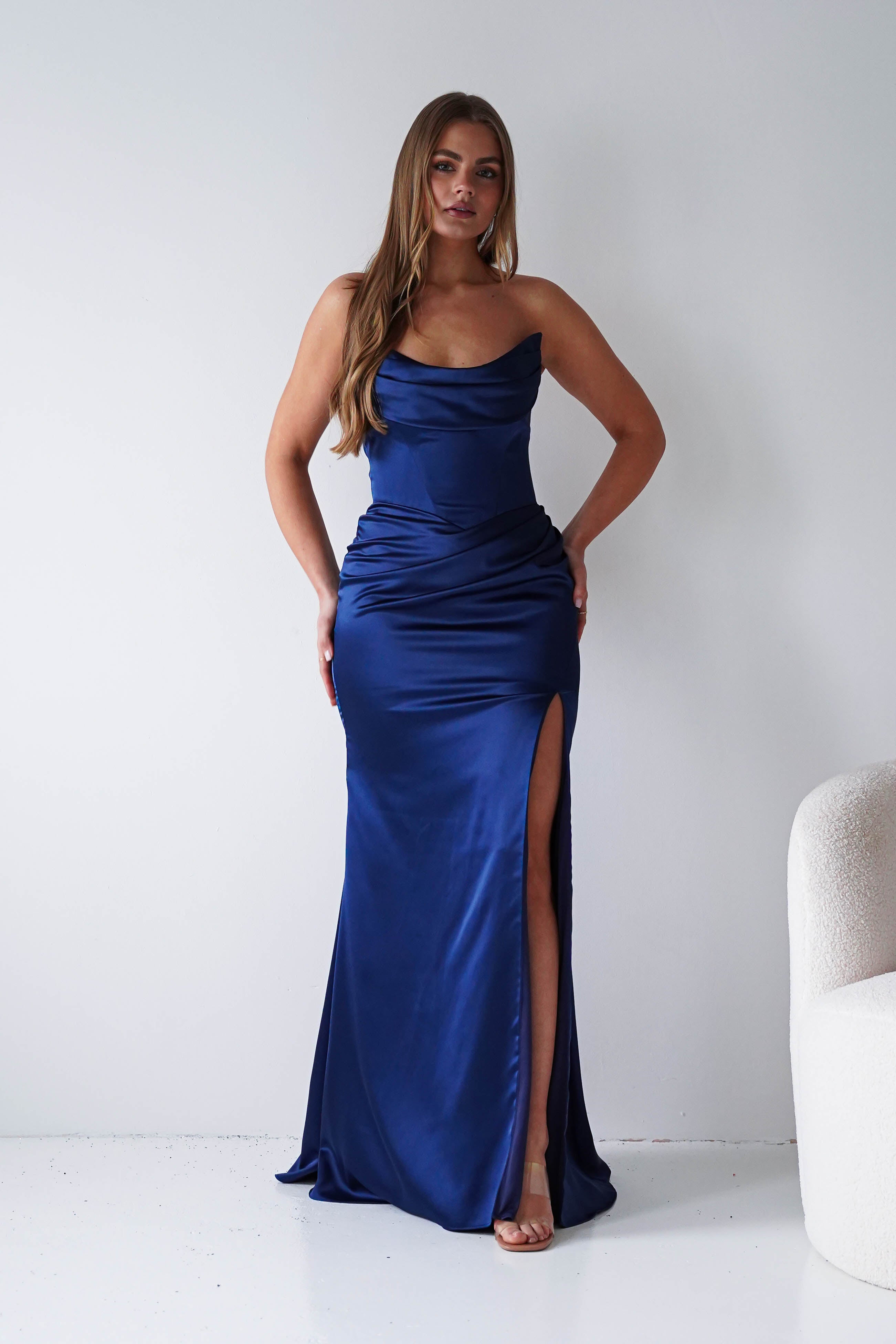 Oh Hello Clothing Dresses > Prom Dresses Lucienne Satin Strapless Maxi Dress | Navy