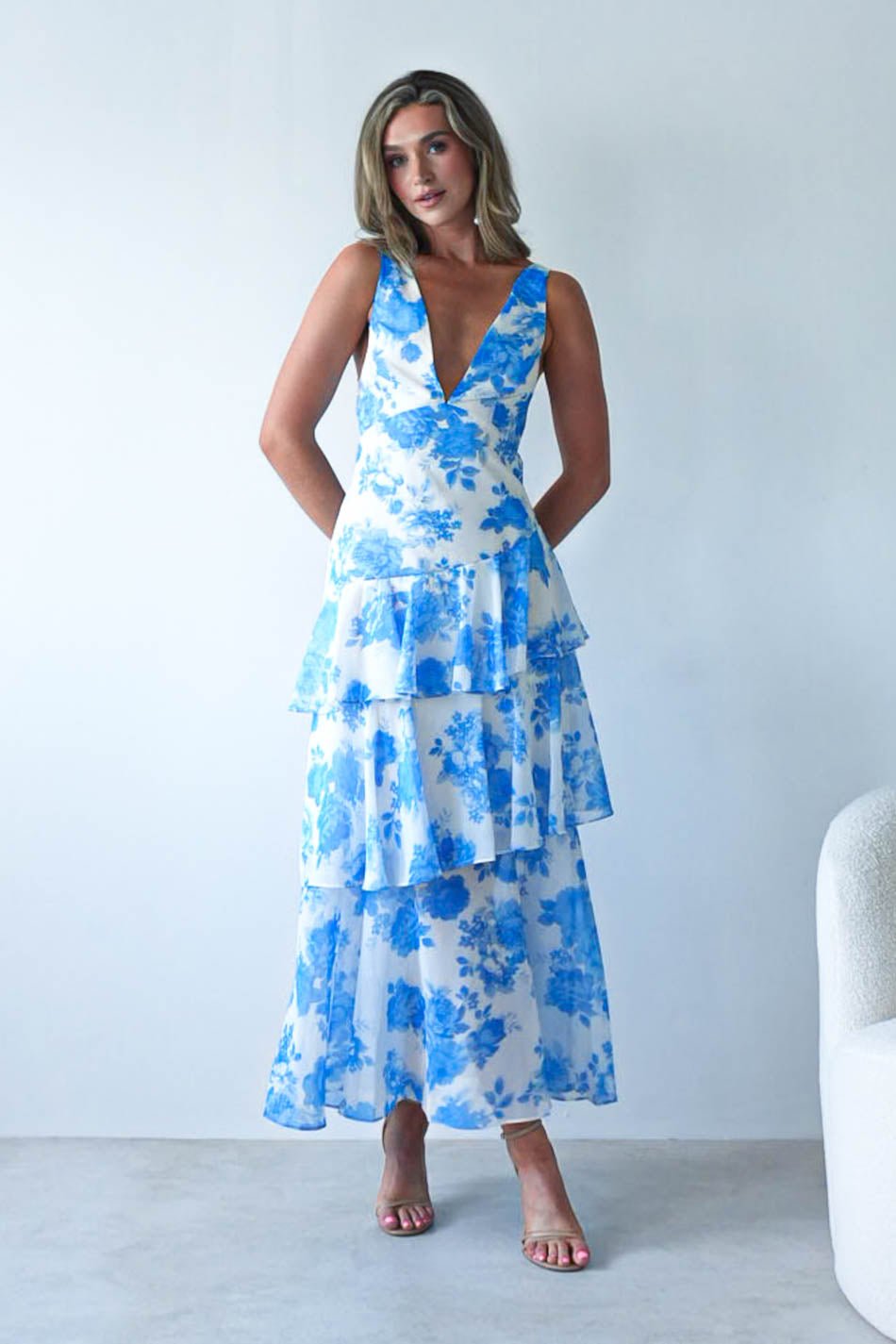 blue and white wedding guest dress Lyla Floral Ruffle Midaxi Blue/White Elegant and fashionable Size:FR 48 PRE ORDER Long White Dress With CURVE-WEDDING-DRESS