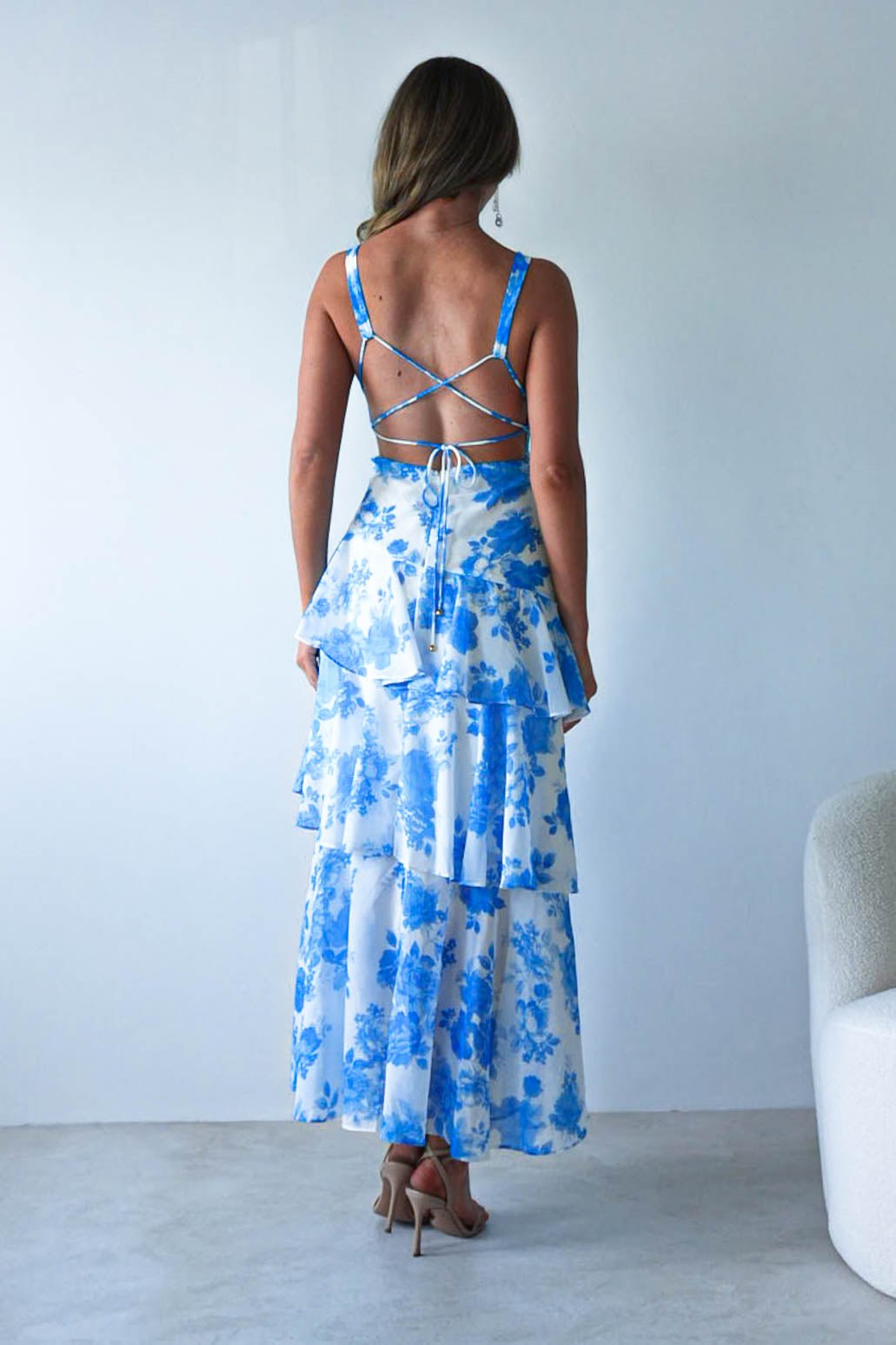 Lyla Floral Ruffle Midaxi Dress | Blue/White | Oh Hello Clothing | XS (6)