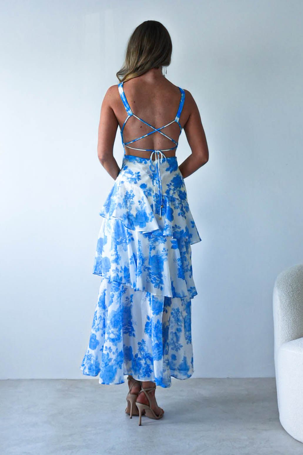 Lyla Floral Ruffle Midaxi Dress | Blue/White | Oh Hello Clothing | XS (6)