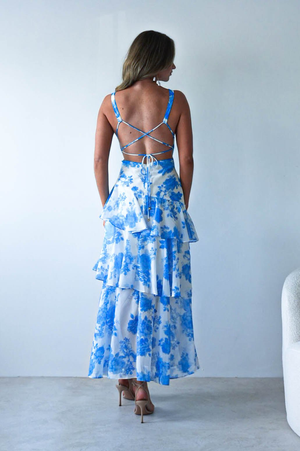 Lyla Floral Ruffle Midaxi Dress | Blue/White | Oh Hello Clothing | XS (6)