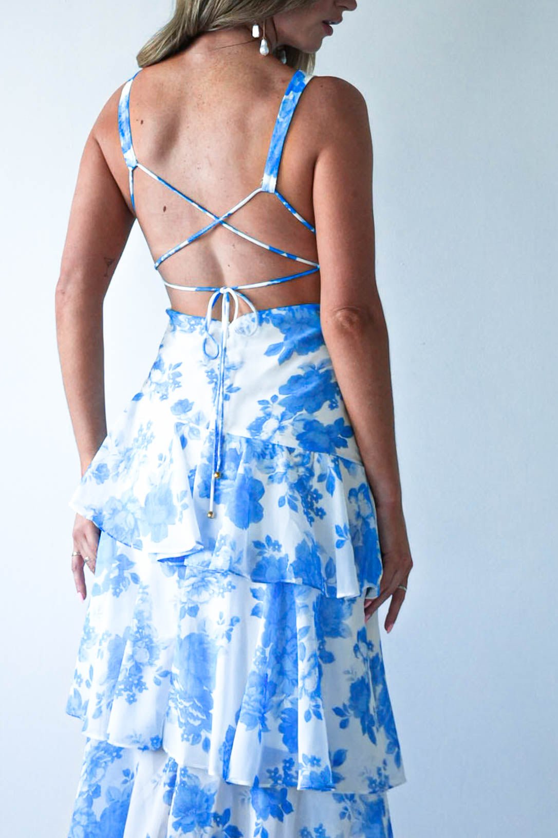 Lyla Floral Ruffle Midaxi Dress | Blue/White | Oh Hello Clothing | XS (6)