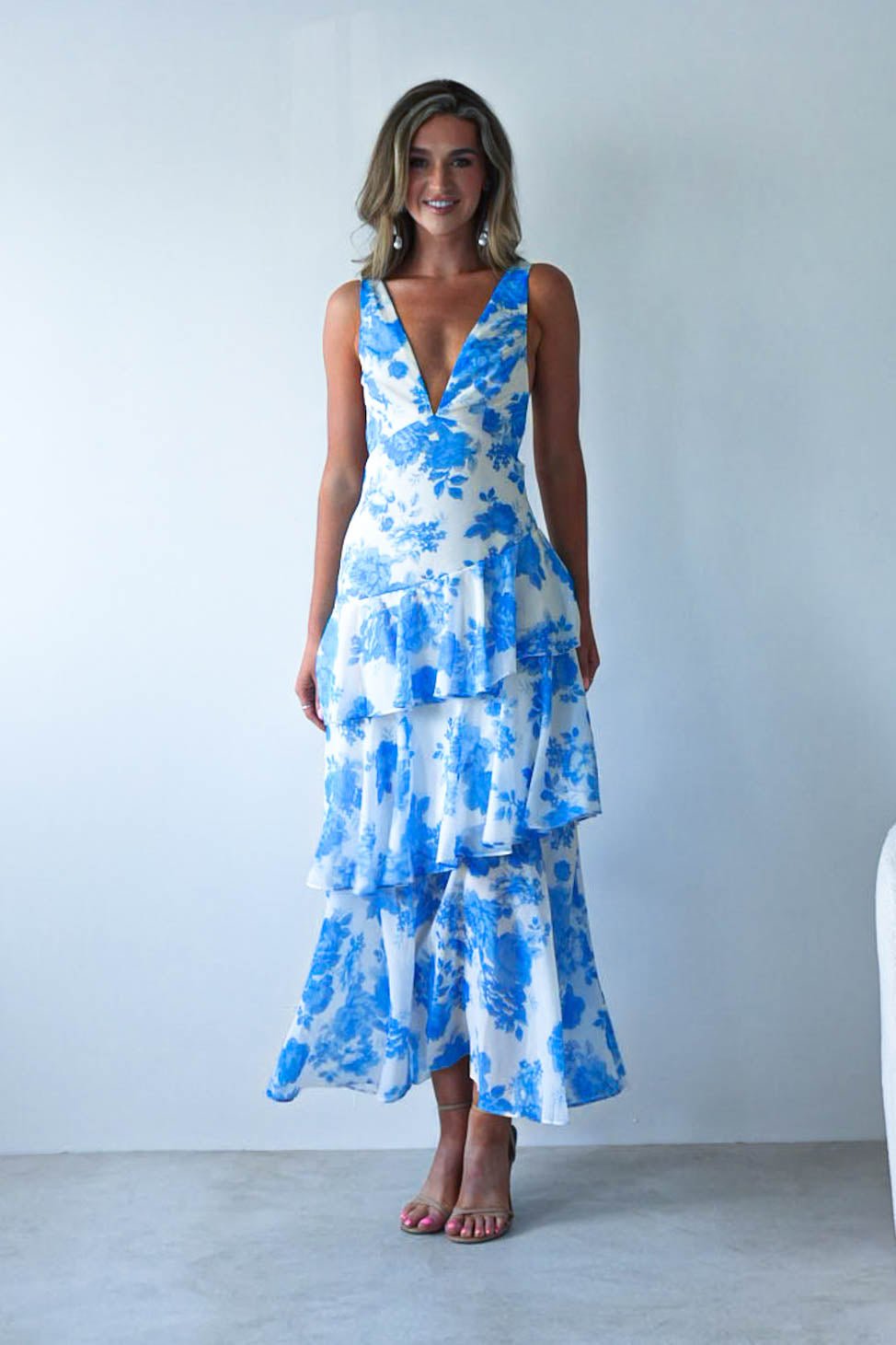 Lyla Floral Ruffle Midaxi Dress | Blue/White | Oh Hello Clothing | XS (6)