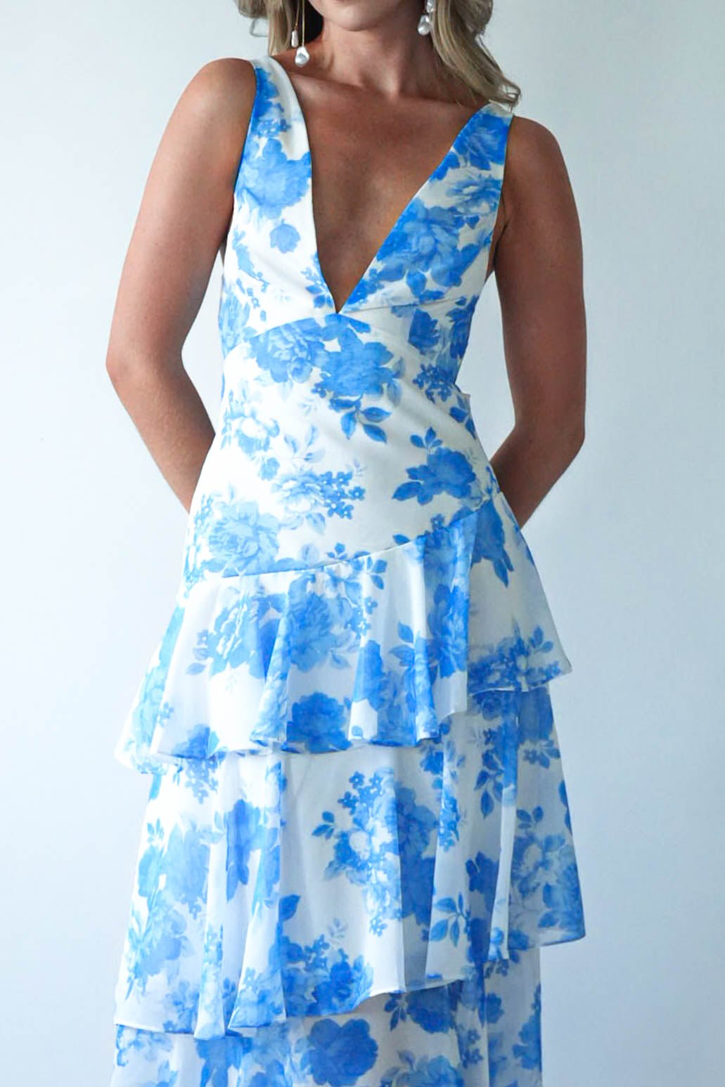 Lyla Floral Ruffle Midaxi Dress | Blue/White | Oh Hello Clothing | XS (6)