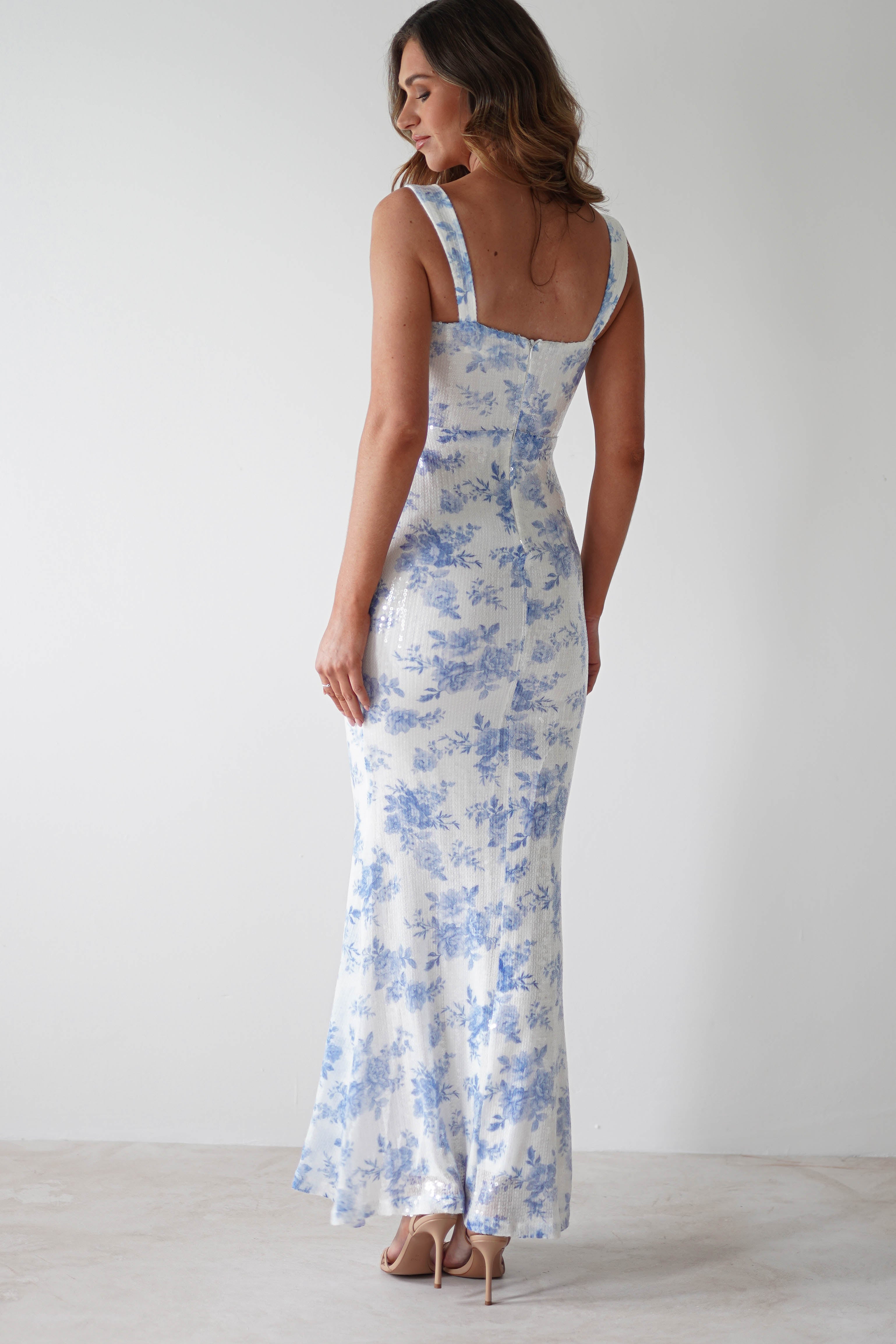 Lynelle Floral Sequin Maxi Dress | Blue/White - Oh Hello Clothing
