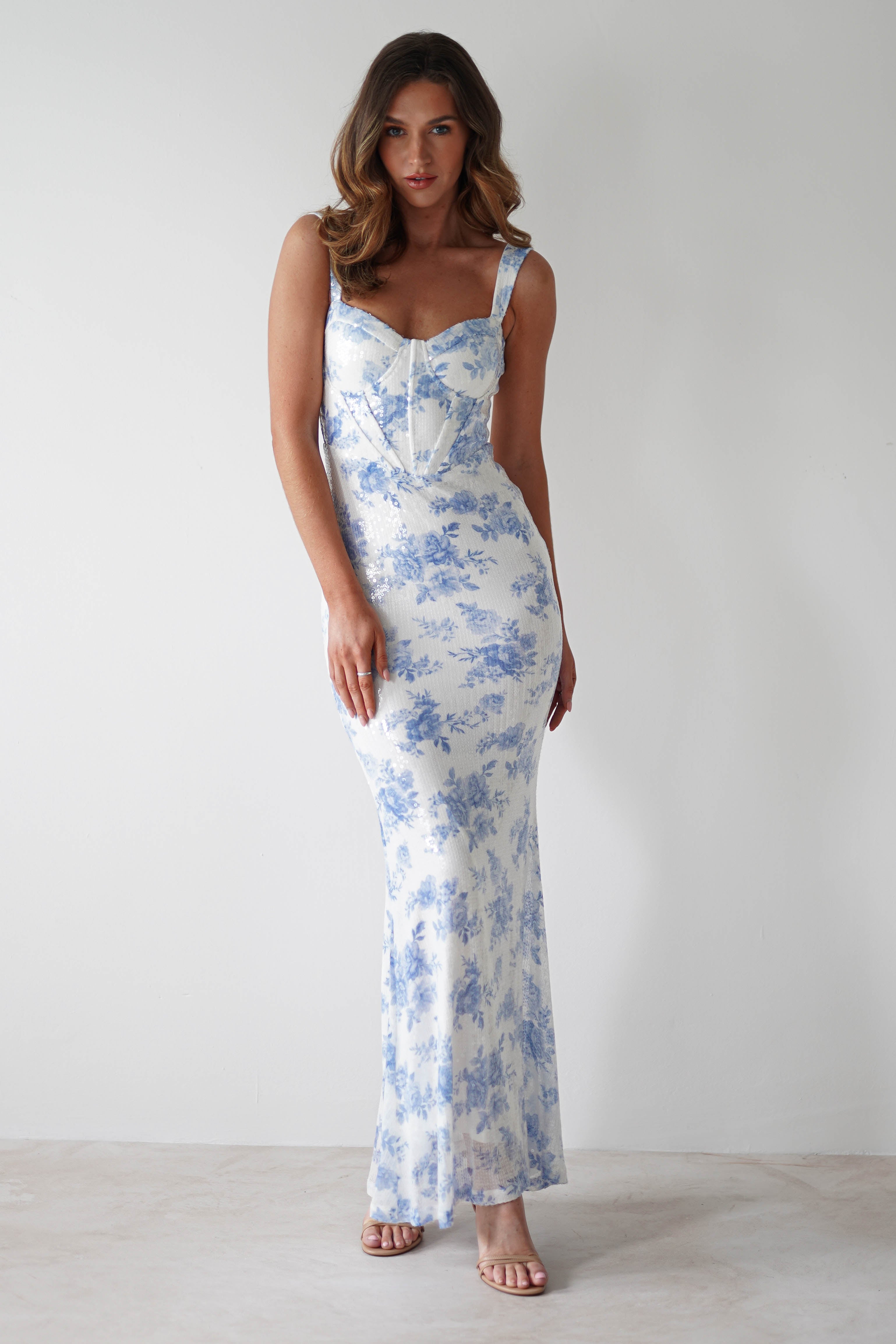 Lynelle Floral Sequin Maxi Dress | Blue/White - Oh Hello Clothing