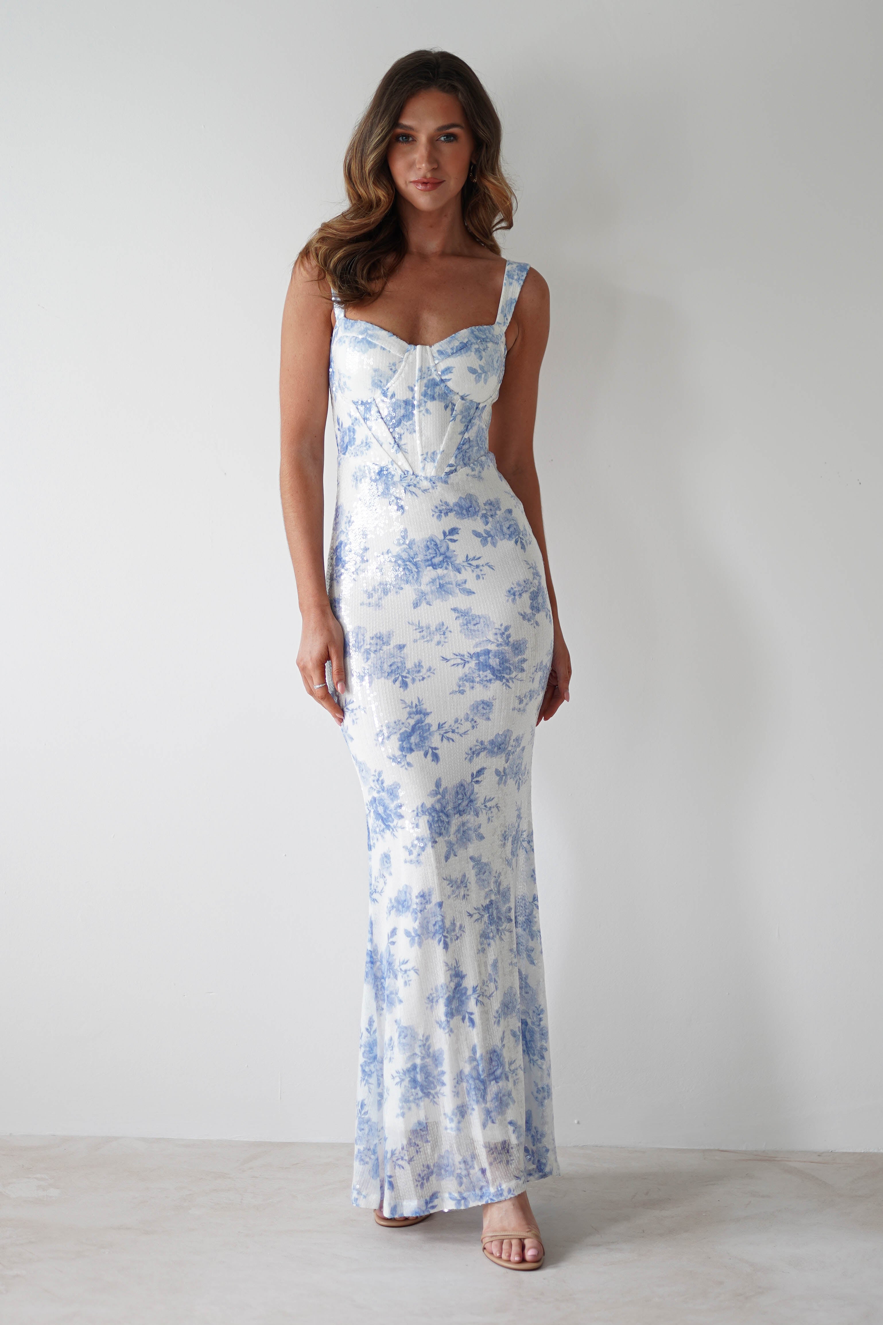 Lynelle Floral Sequin Maxi Dress | Blue/White - Oh Hello Clothing