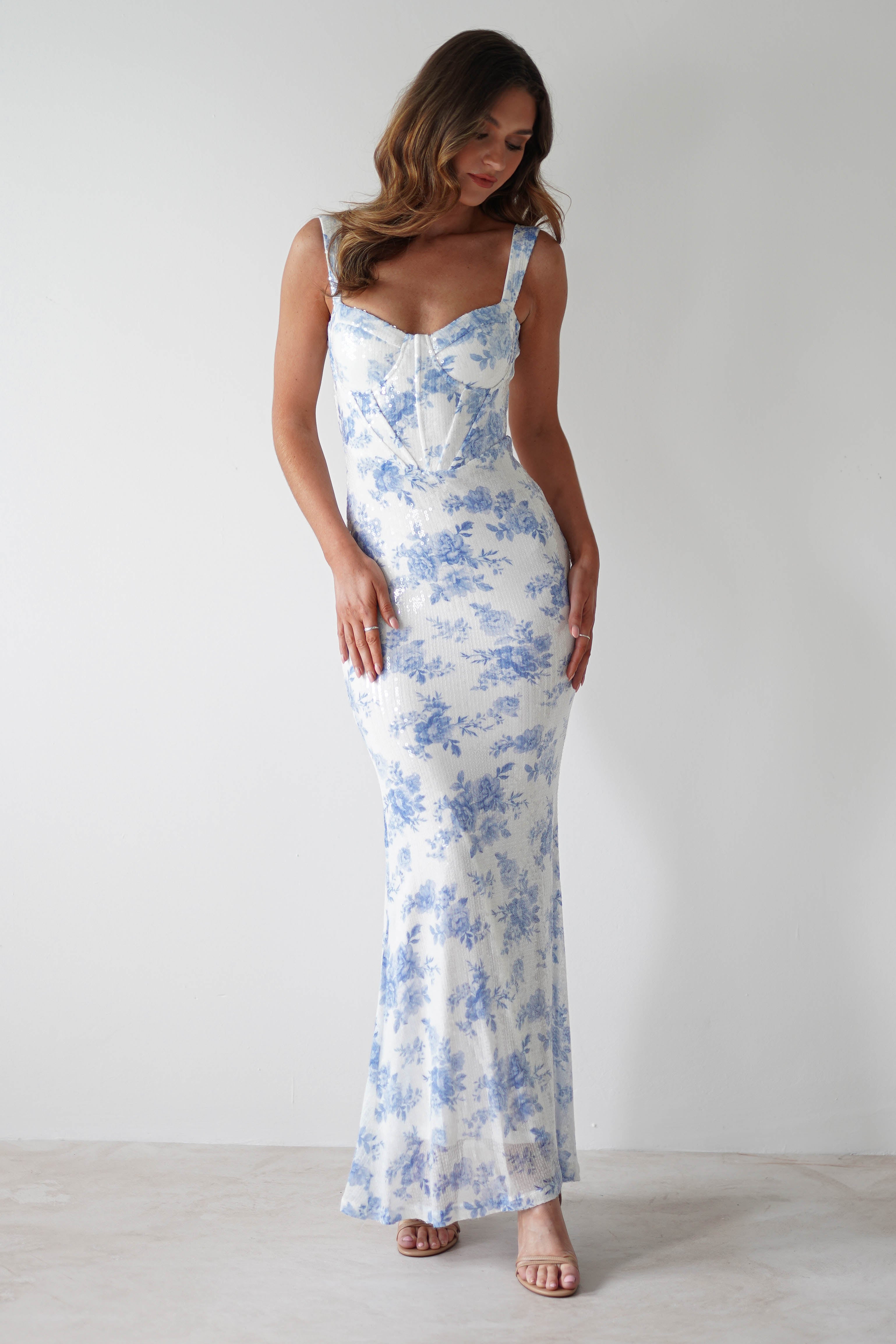 Lynelle Floral Sequin Maxi Dress | Blue/White - Oh Hello Clothing