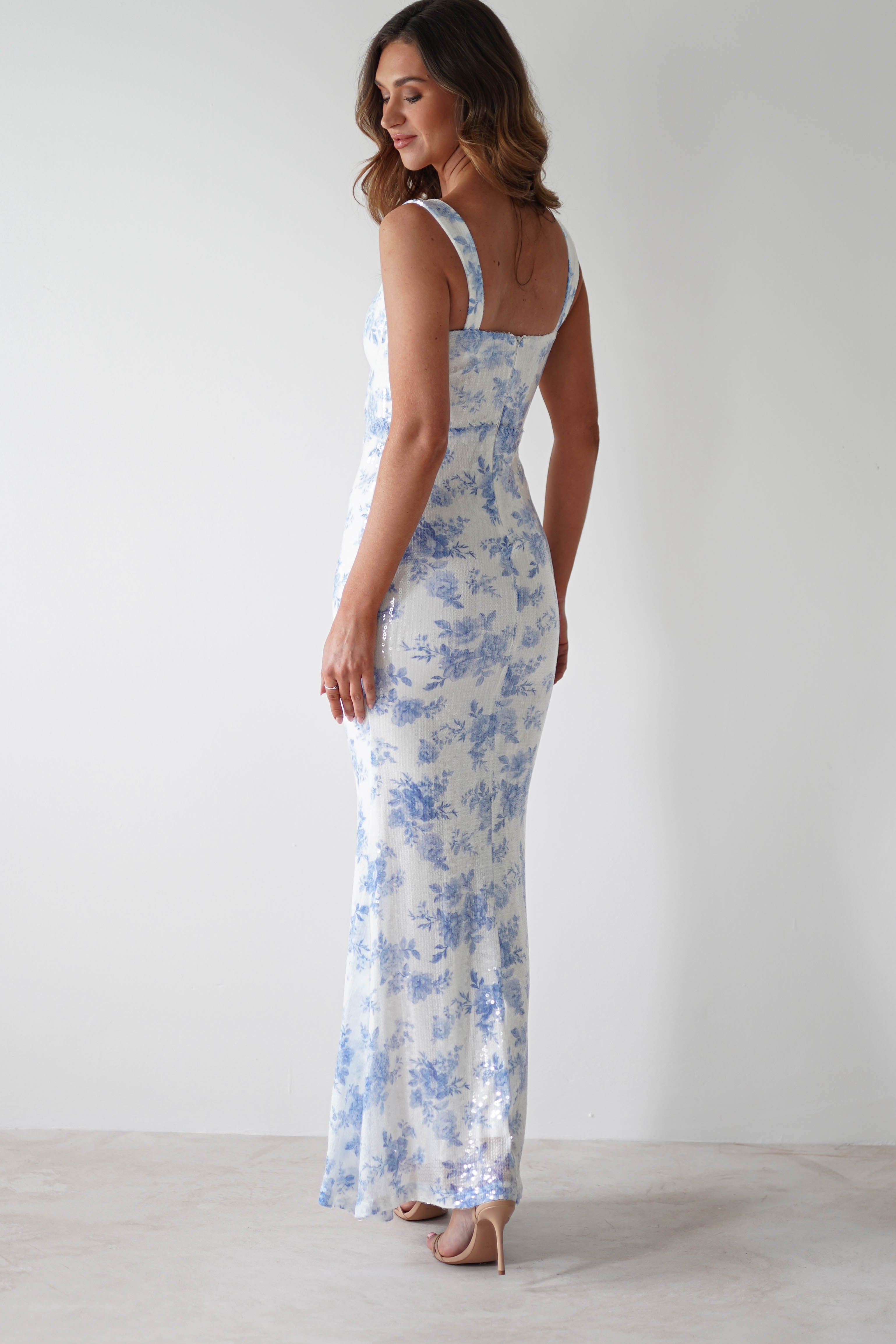 Lynelle Floral Sequin Maxi Dress | Blue/White - Oh Hello Clothing