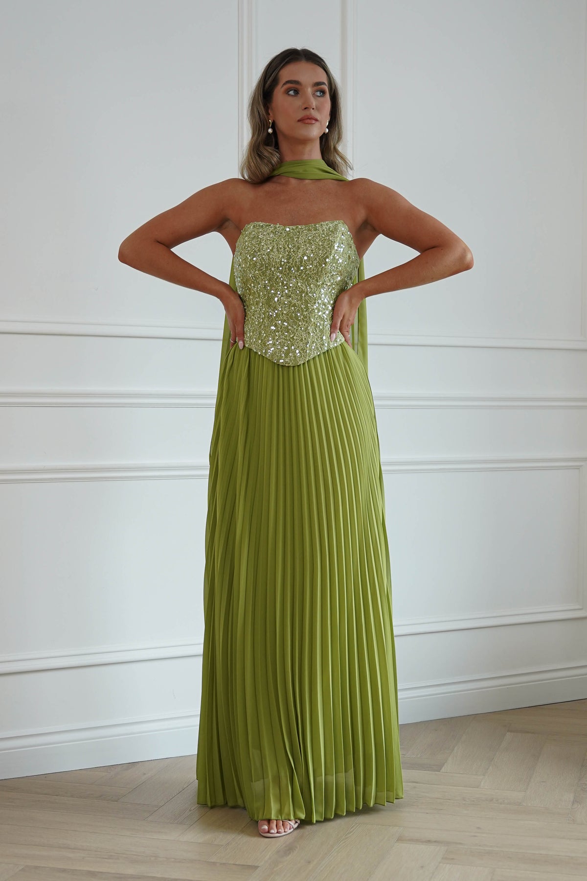 Oh Hello Clothing Women > Clothing > Dresses Madelyn Strapless Pleated Maxi Dress | Lime