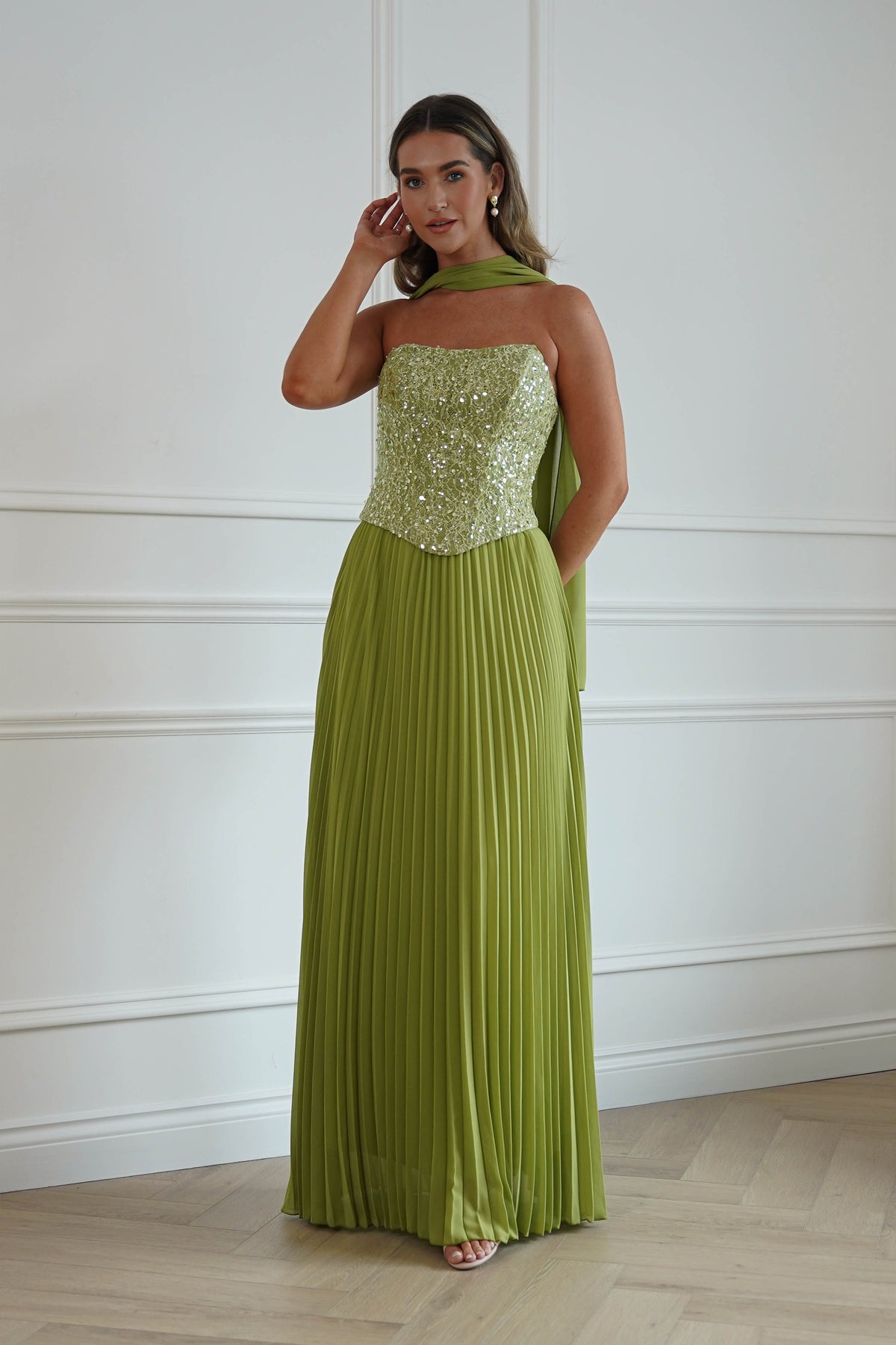Oh Hello Clothing Women > Clothing > Dresses Madelyn Strapless Pleated Maxi Dress | Lime