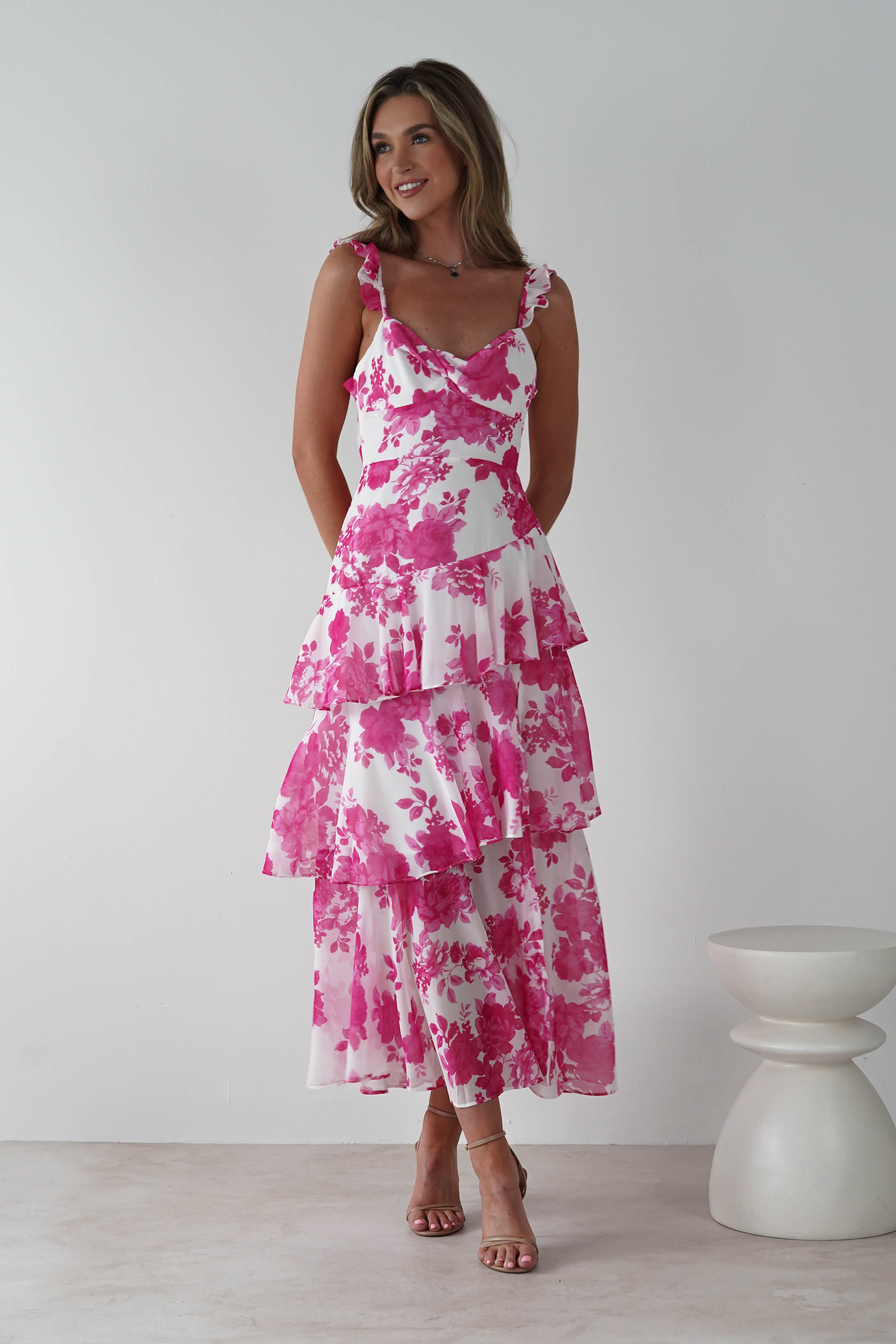 Madrid Ruffle Floral Maxi Dress | Pink | Oh Hello Clothing | XS (6)