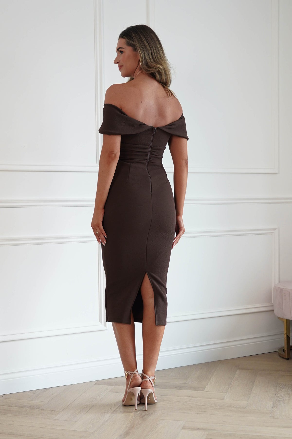 Oh Hello Clothing Women > Clothing > Dresses Mandy Off The Shoulder Bodycon Midi Dress | Brown
